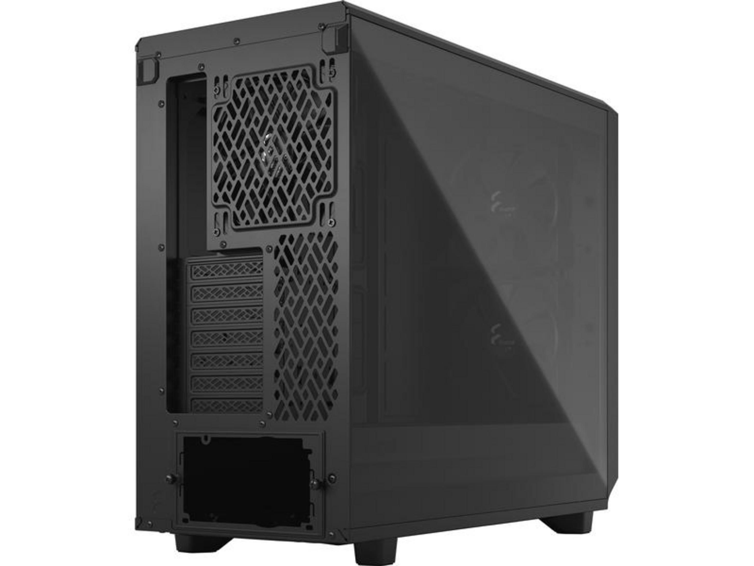 Case del computer nero con pannello laterale in vetro e ventilazione posteriore.