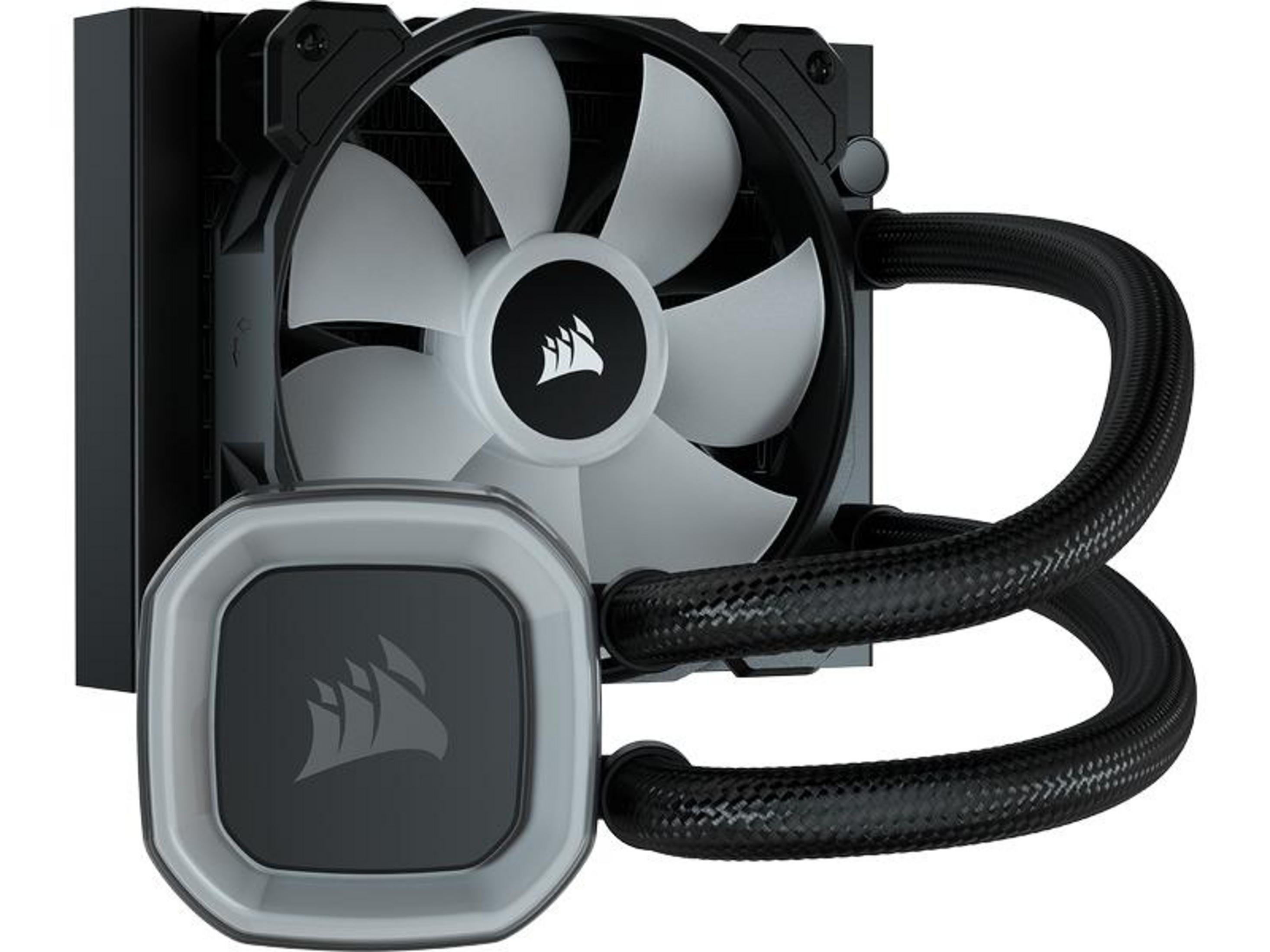 Fan, tüpler ve Corsair logosuna sahip siyah CPU soğutucu.