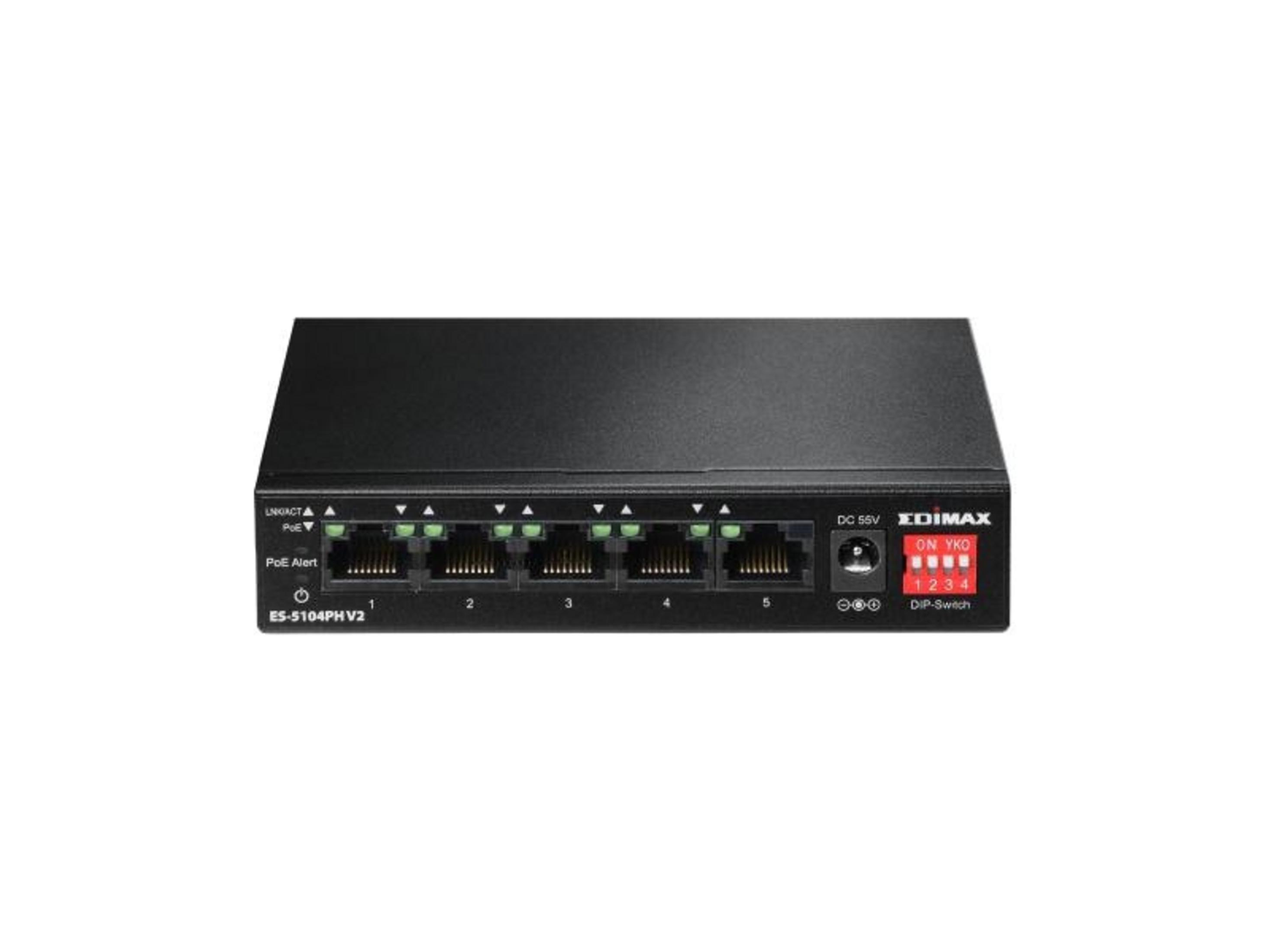 Uno switch di rete Edimax nero con cinque porte e switch DIP.