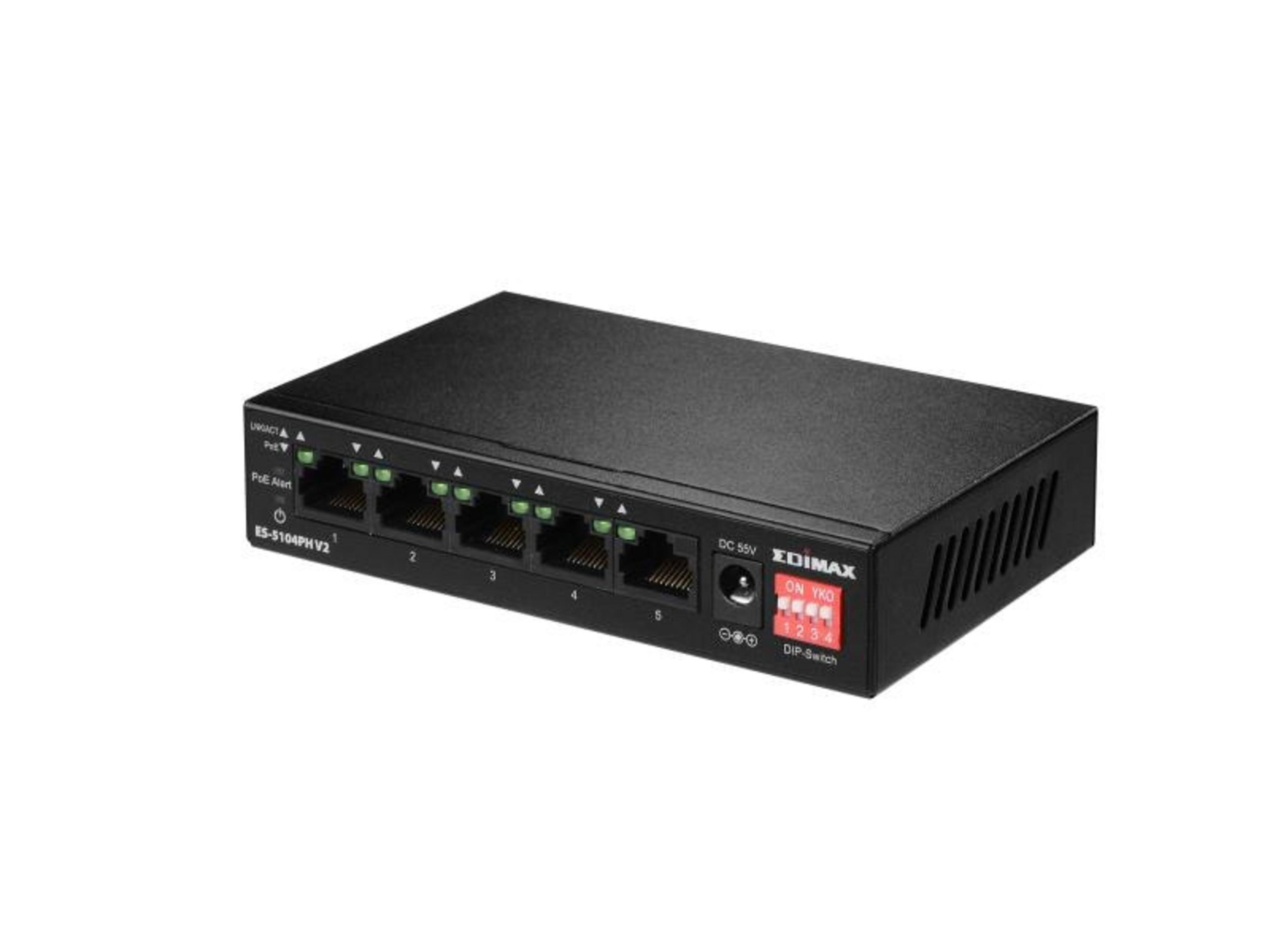 Uno switch di rete nero con otto porte e LED verdi.