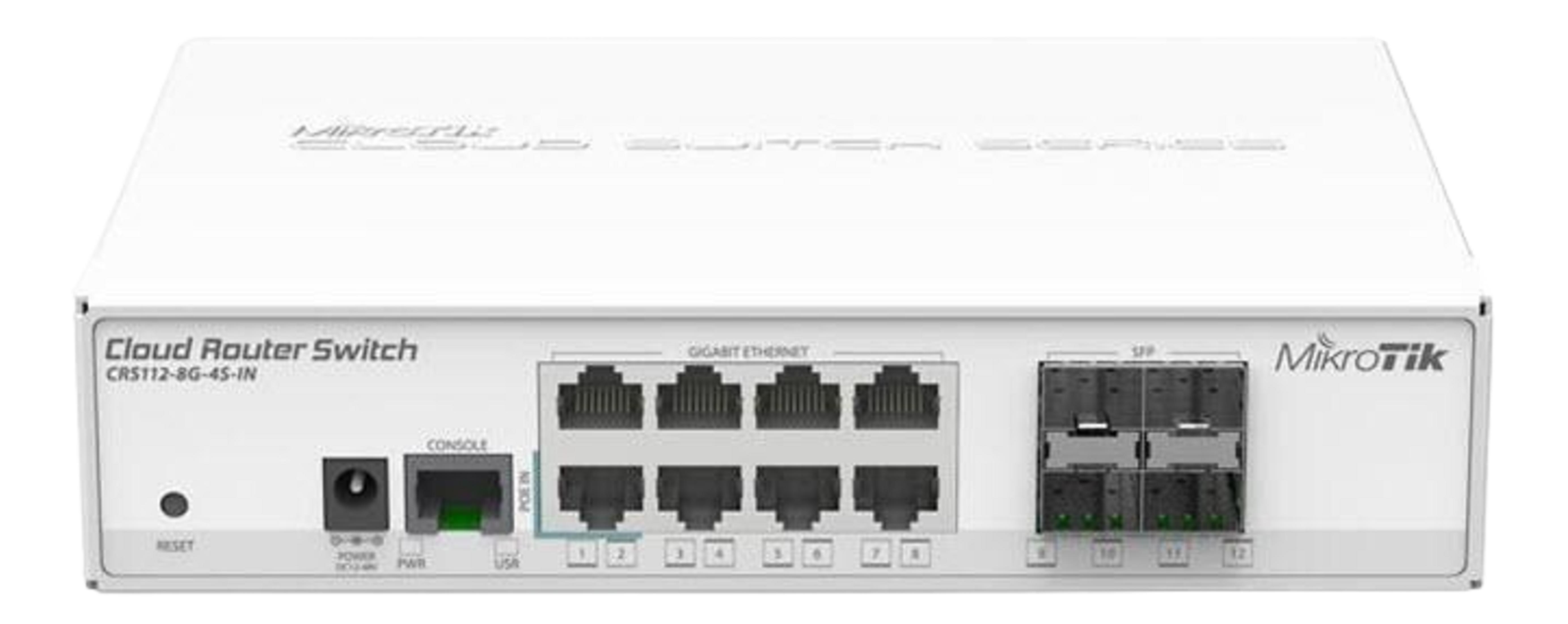 Switch MikroTik Cloud Router bianco CRS112-8G-4S-IN con 8 porte Gigabit Ethernet, 4 SFP.