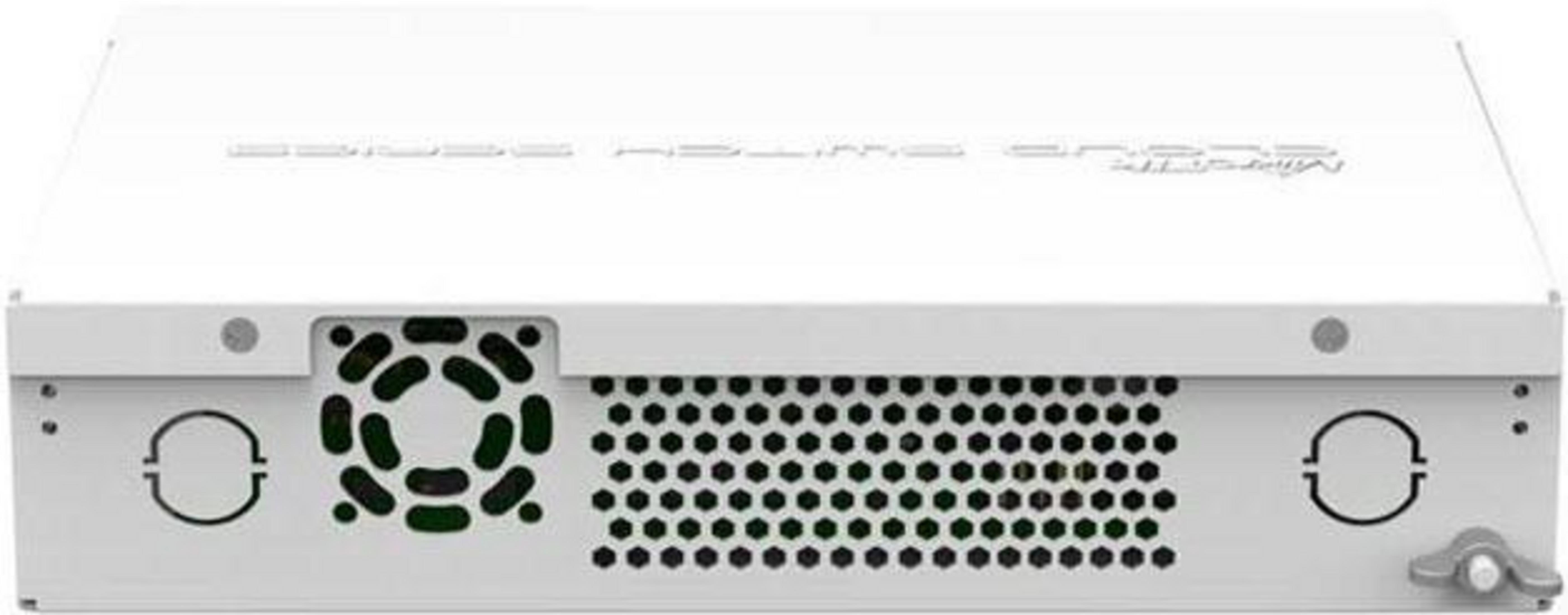 Retro di un dispositivo di rete bianco con ventola e griglia di ventilazione.