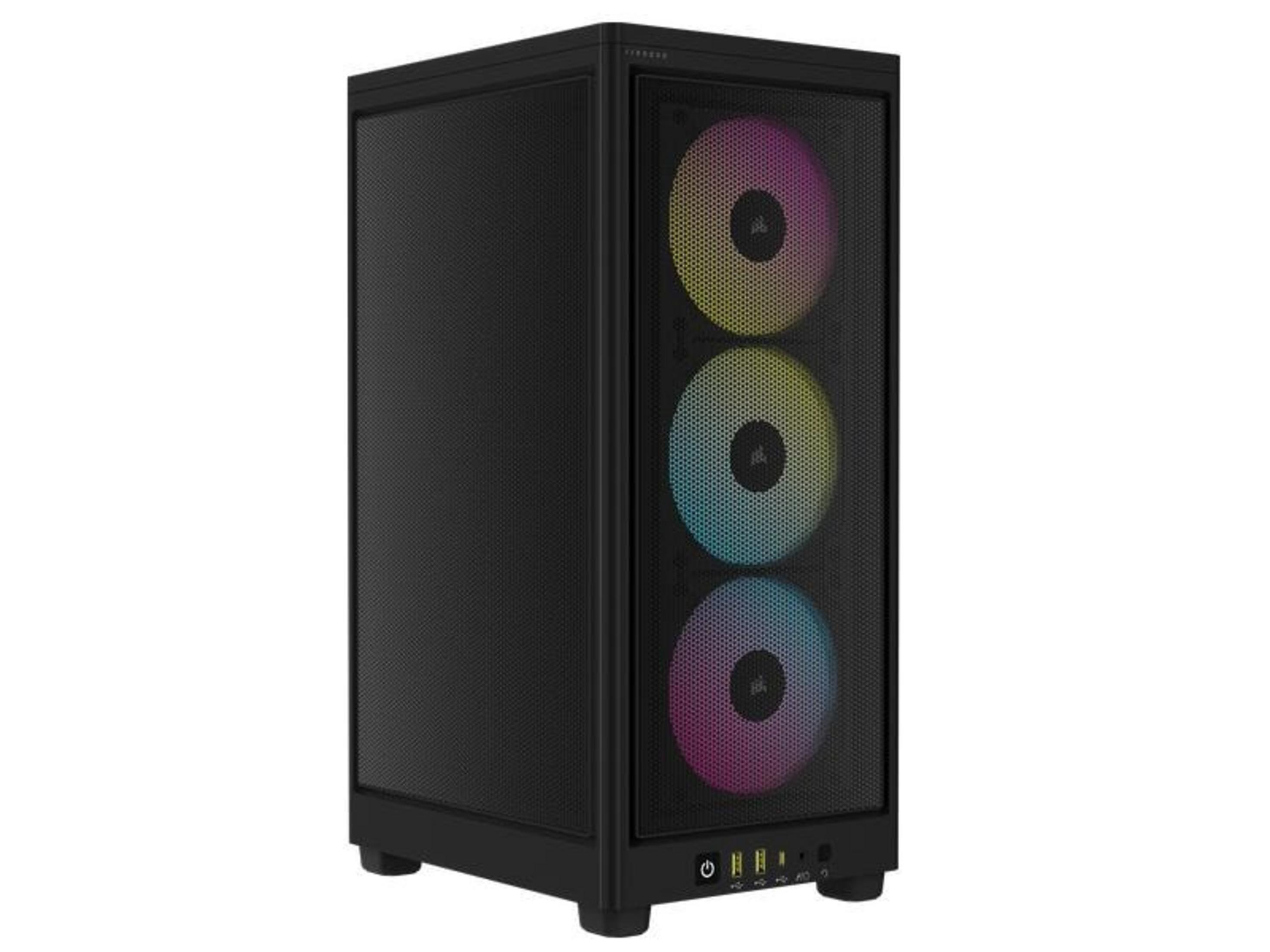 Case PC nero con ventole RGB e pulsante di accensione.
