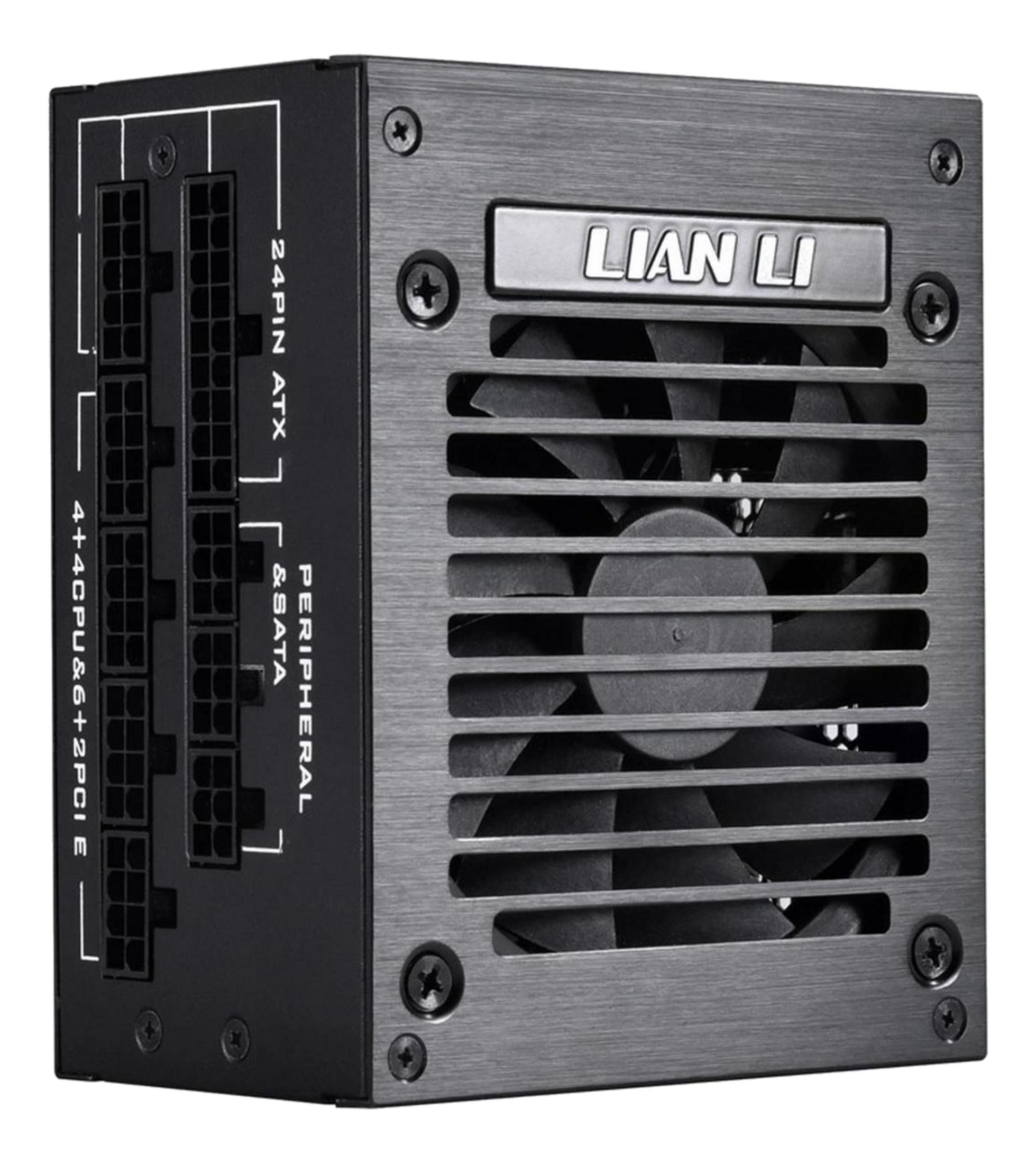 Fuente de alimentación Lian Li negra con rejilla de ventilador y varios puertos etiquetados.