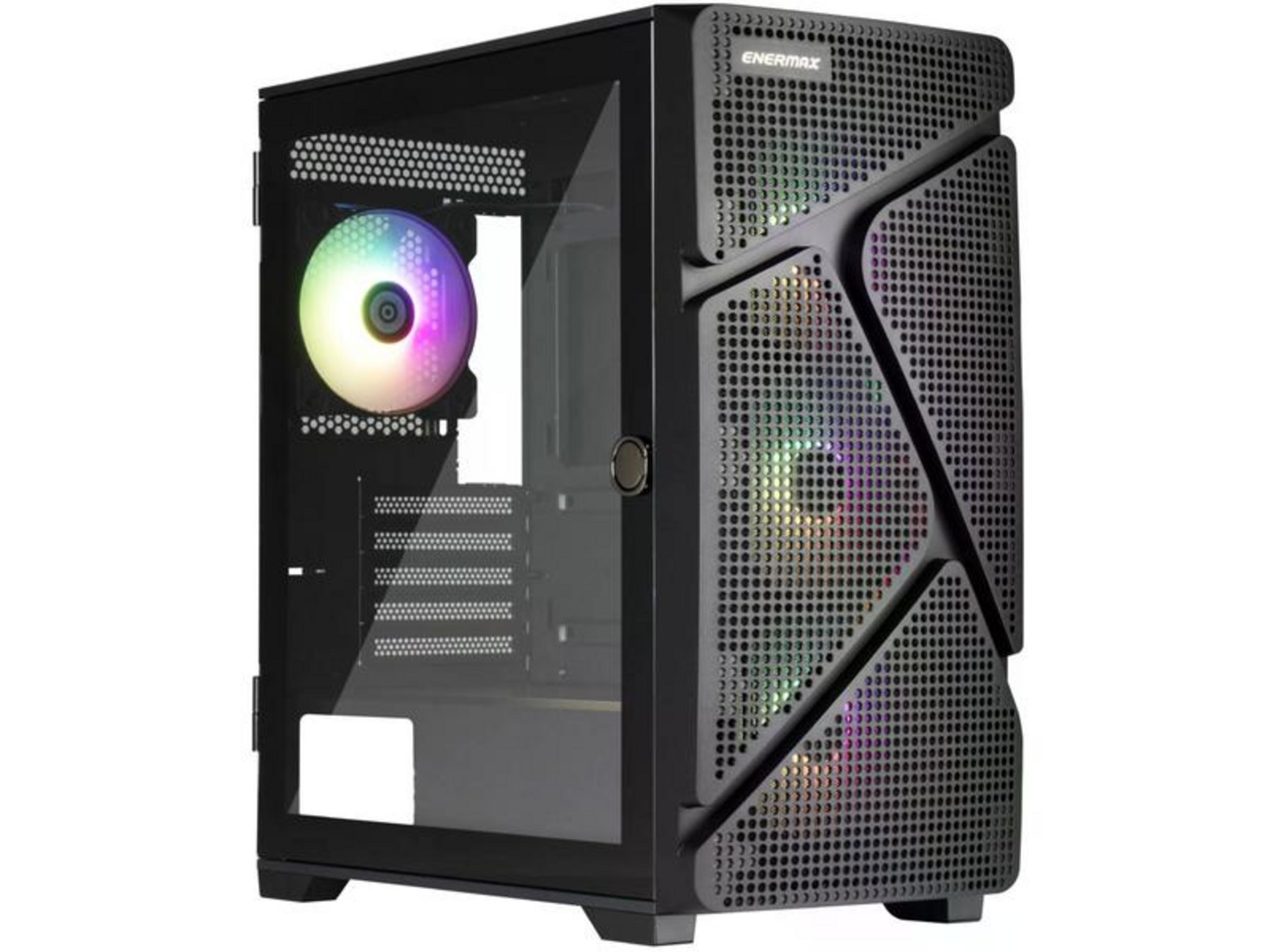 Case PC nero con finestra in vetro e ventola RGB. Pannello frontale forato.