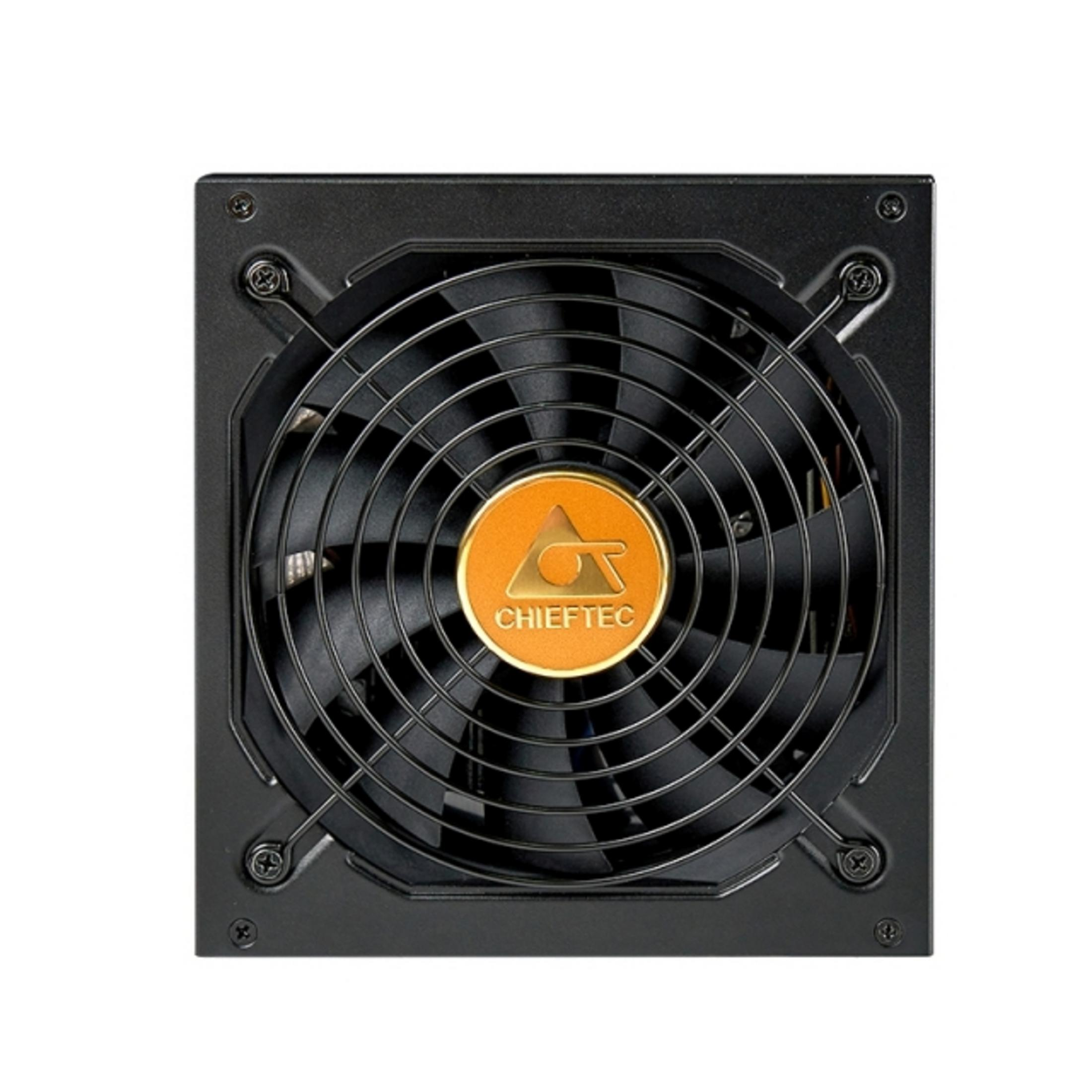 Schwarze Computer-Netzteileinheit mit Lüfter und goldenem Chieftec-Logo.