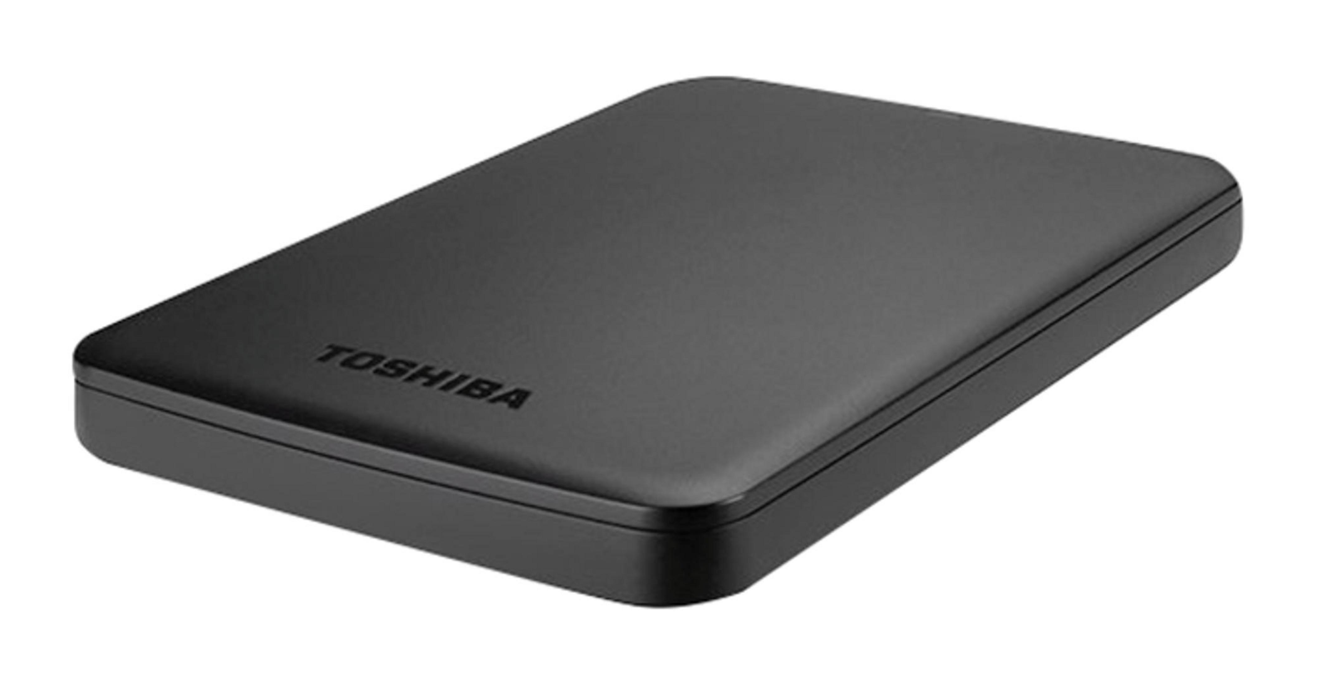 Hard disk esterno Toshiba nero su sfondo bianco.