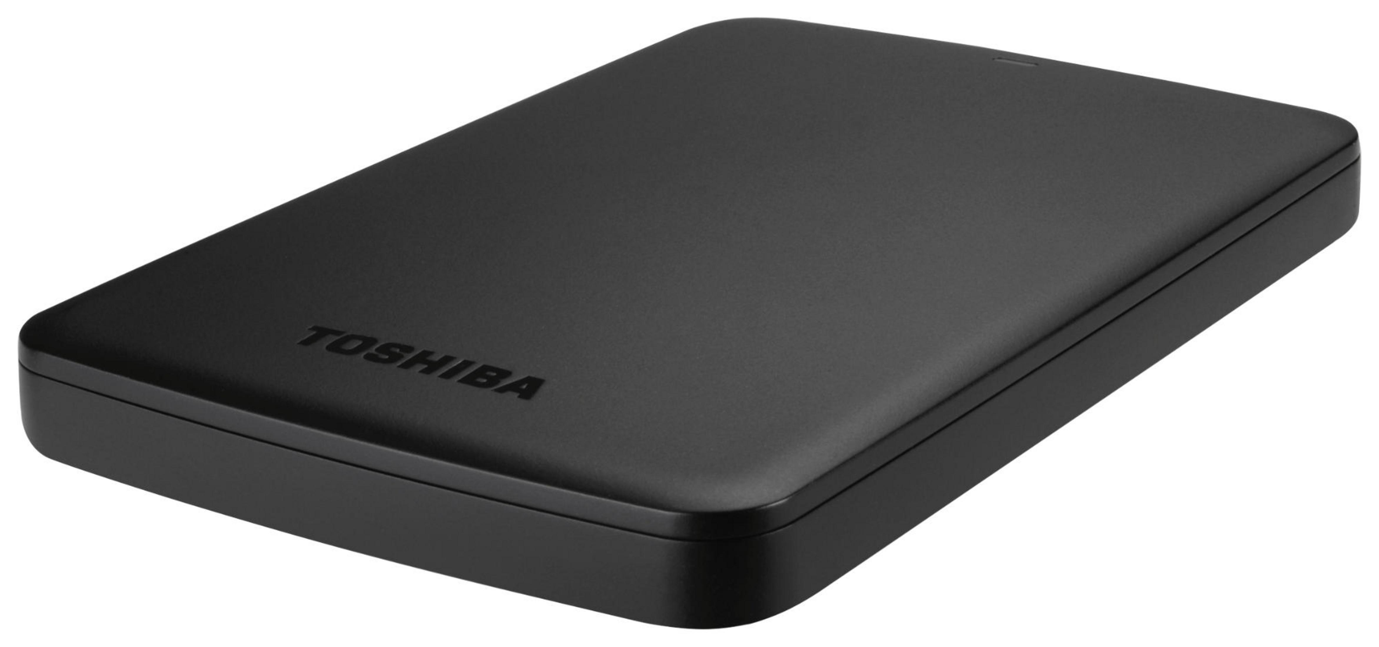 Hard disk esterno Toshiba nero con finitura opaca.