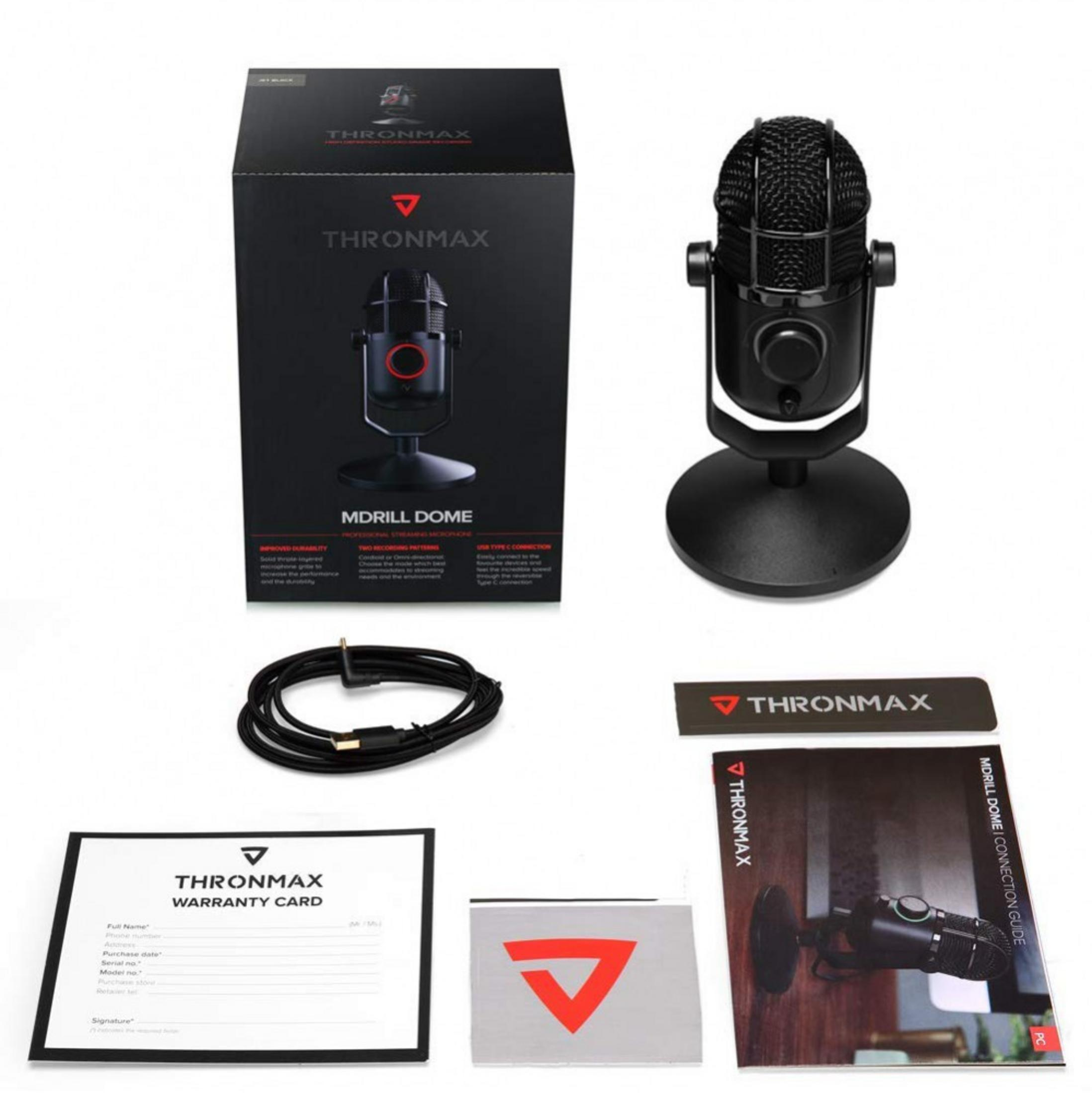 Un microfono Thronmax MDRILL DOME con accessori su sfondo bianco.