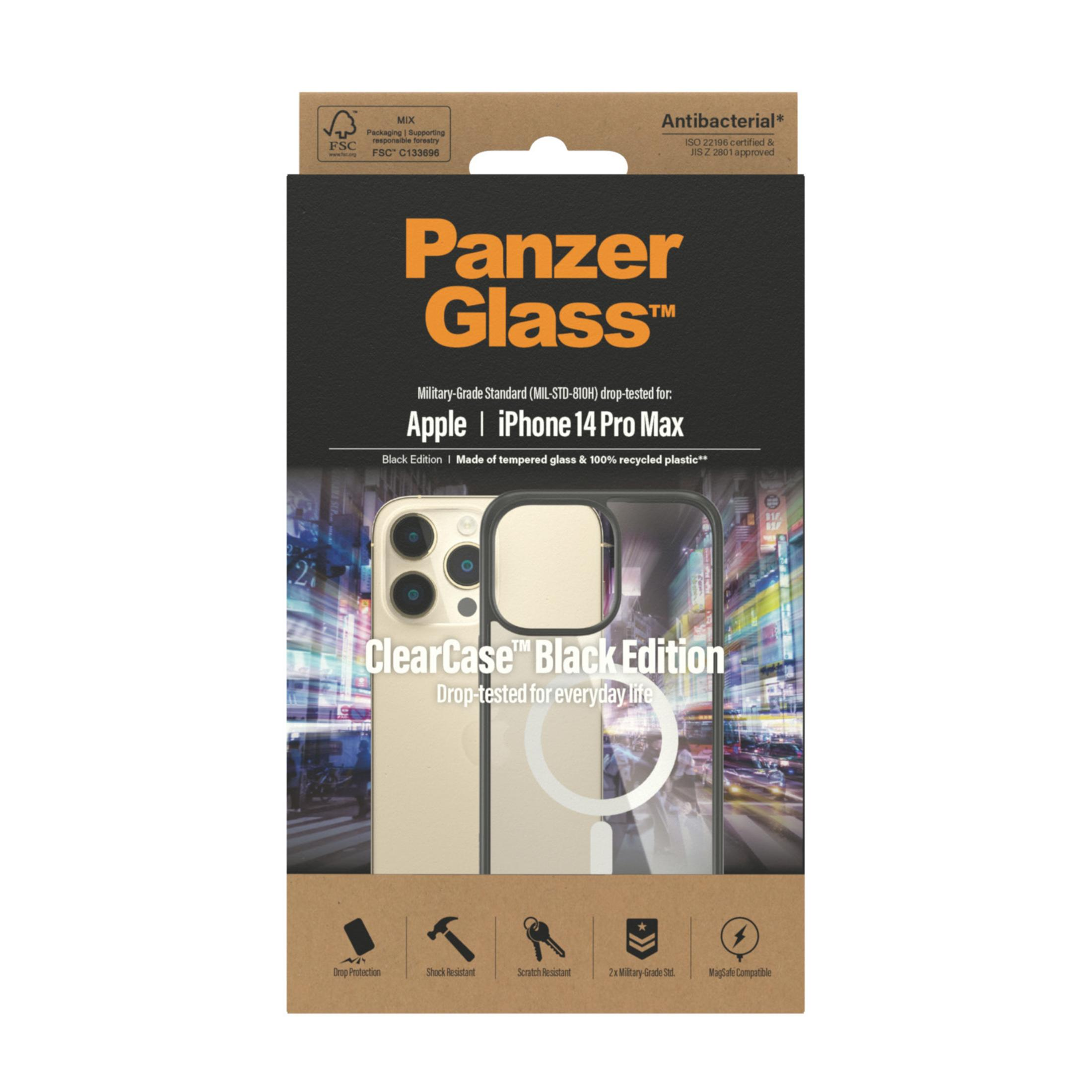 Custodia Panzer Glass per iPhone 14 Pro Max. Nera con retro trasparente.