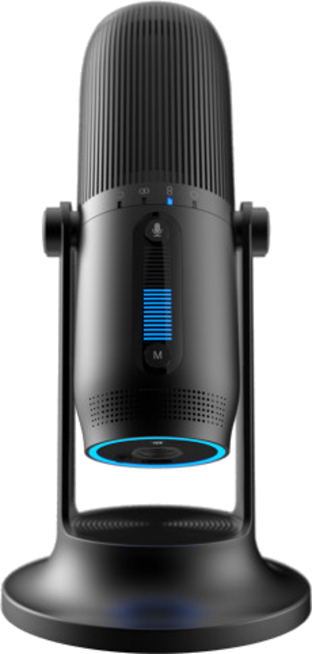 Microfono nero con illuminazione blu e barra del volume.