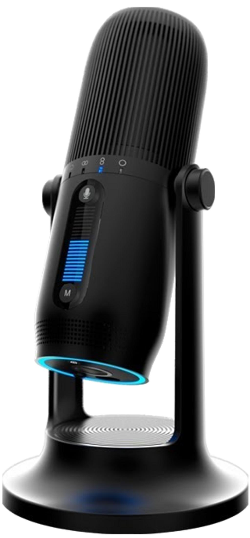 Un microfono nero con un anello luminoso blu poggia su un supporto nero.