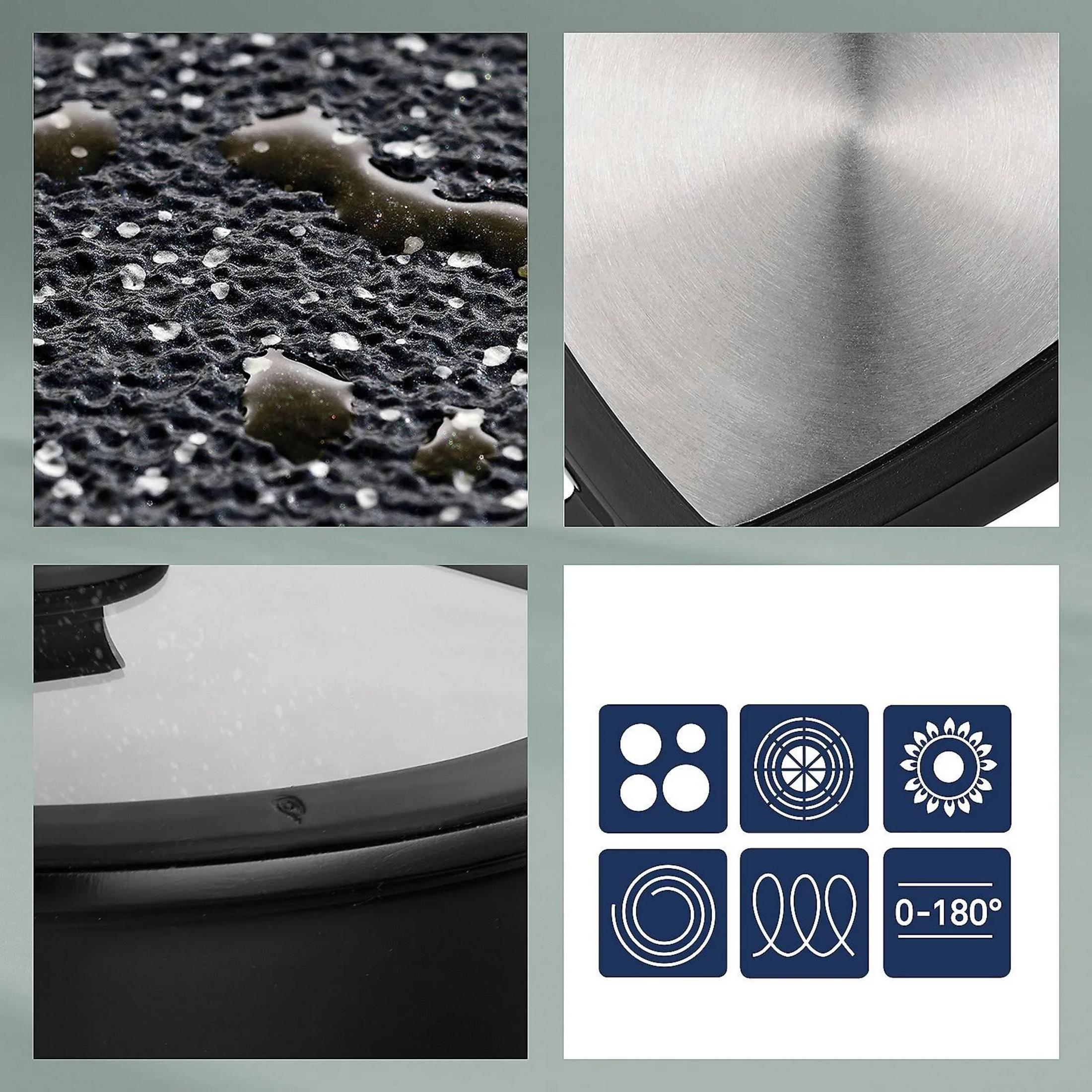 Collage de détails d'appareils de cuisine : gouttes d'eau, métal brossé, bord de pot, icônes.