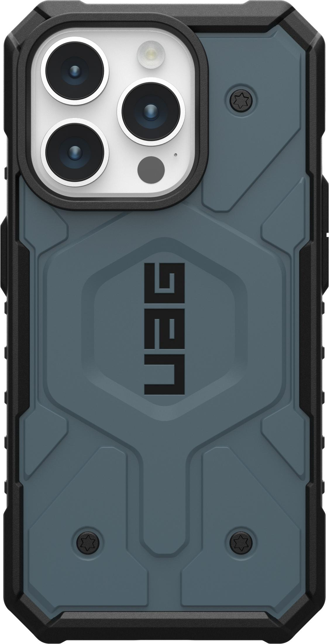 Eine blaue Handyhülle mit Kameras und UAG-Logo.