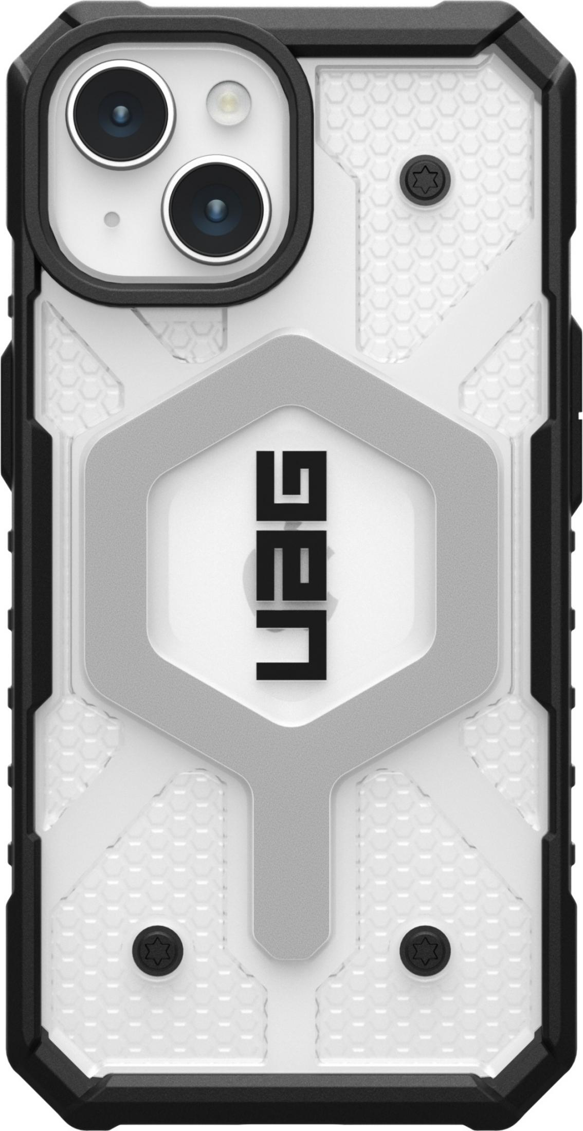 Retro di una custodia per iPhone bianca e nera con logo UAG.