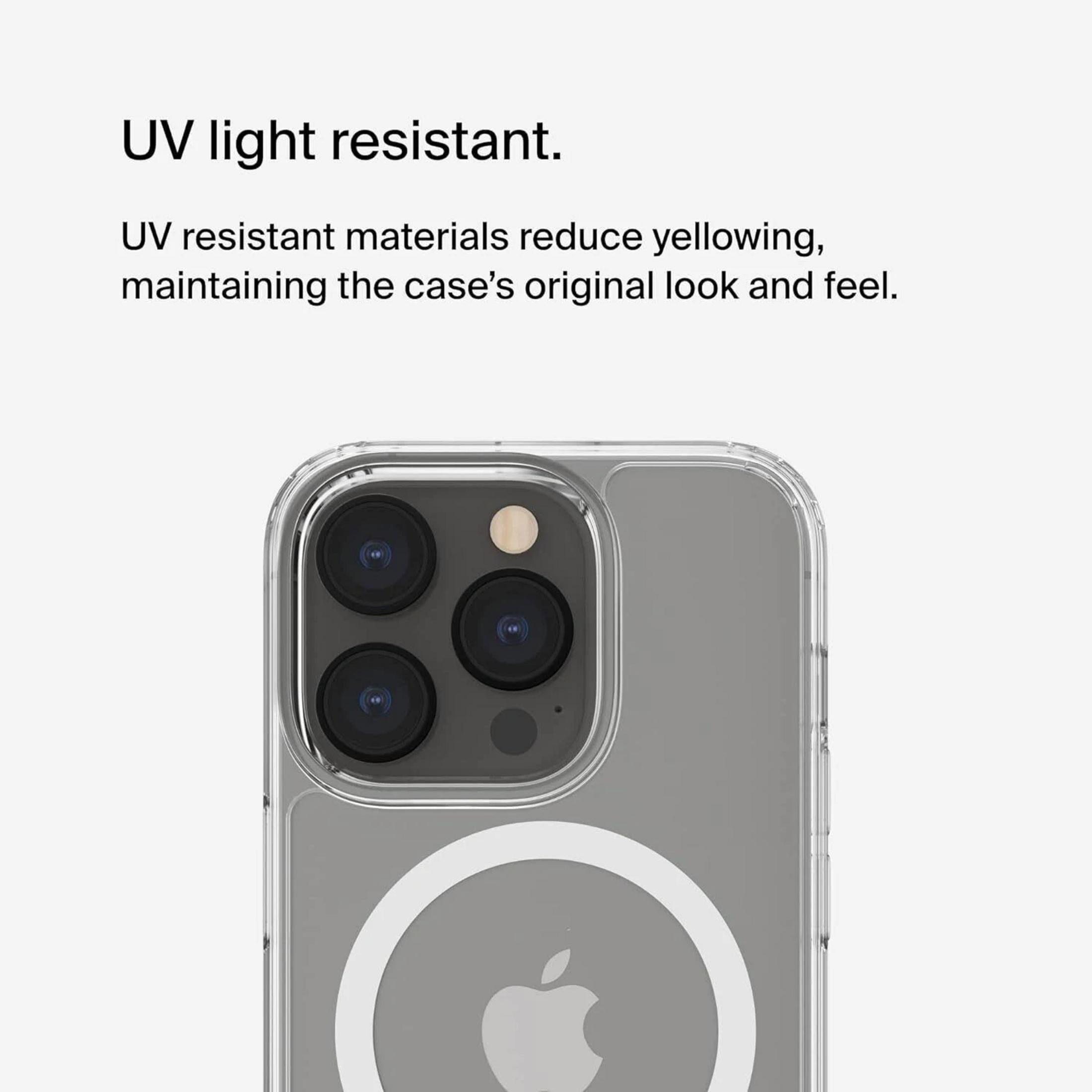 Una custodia trasparente per telefono con logo Apple e obiettivi.