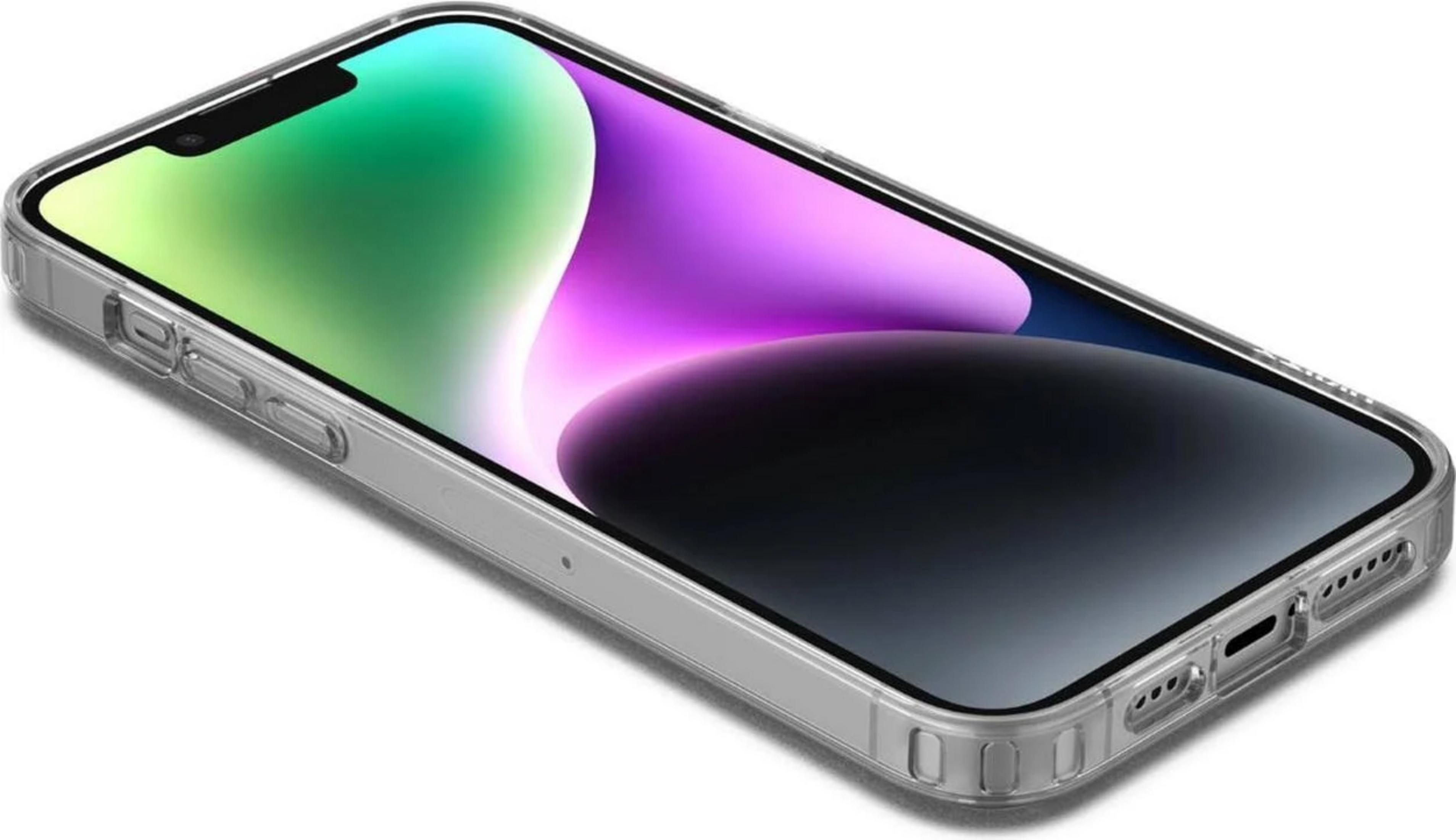 Una custodia trasparente per iPhone con schermo colorato e pulsanti laterali.