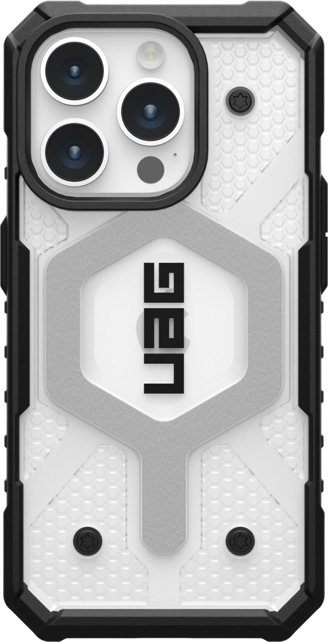 Rückseite einer schwarzen Hülle mit drei Kameras, Blitz und UAG-Logo.