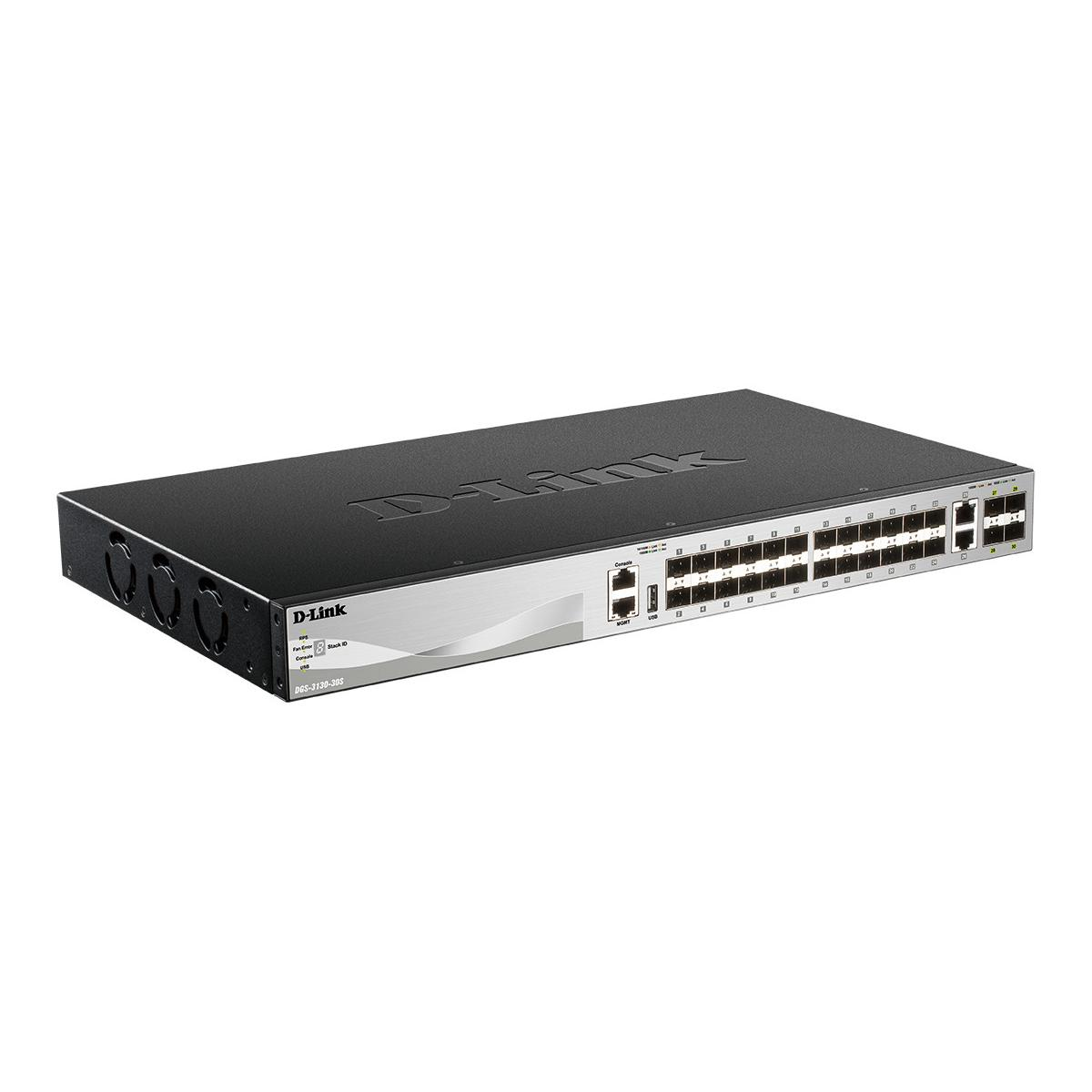 Ein schwarzer D-Link Netzwerkschalter mit vielen Anschlüssen und Lichtern.