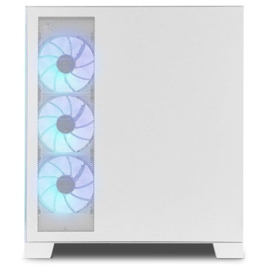 Fronte cassa PC bianca con tre ventole RGB illuminate sul lato sinistro.