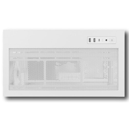 Case del computer bianco con pannello frontale in mesh e porte I/O in alto.
