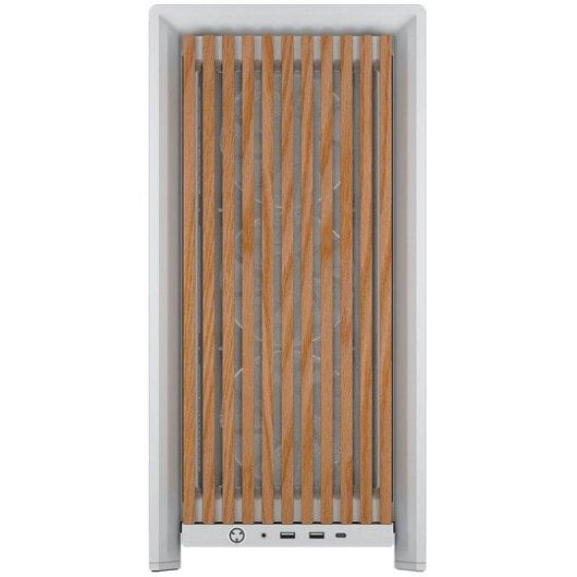 Boîtier d'ordinateur blanc avec lamelles verticales en bois et ventilateurs visibles.