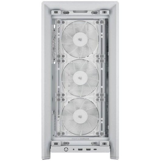 Un boîtier d'ordinateur blanc avec trois ventilateurs transparents à l'avant.