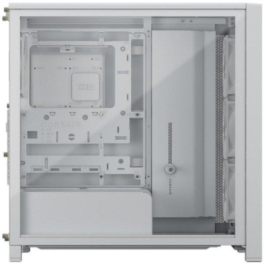Intérieur du boîtier PC blanc avec cadre métallique, supports carte mère et ventilateurs.