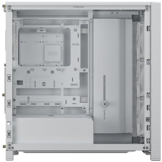 Boîtier d'ordinateur blanc avec panneaux latéraux ouverts, montrant des composants internes et des ventilateurs.