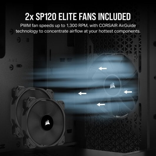 Due ventole Corsair creano un flusso d'aria blu all'interno di un case per PC.