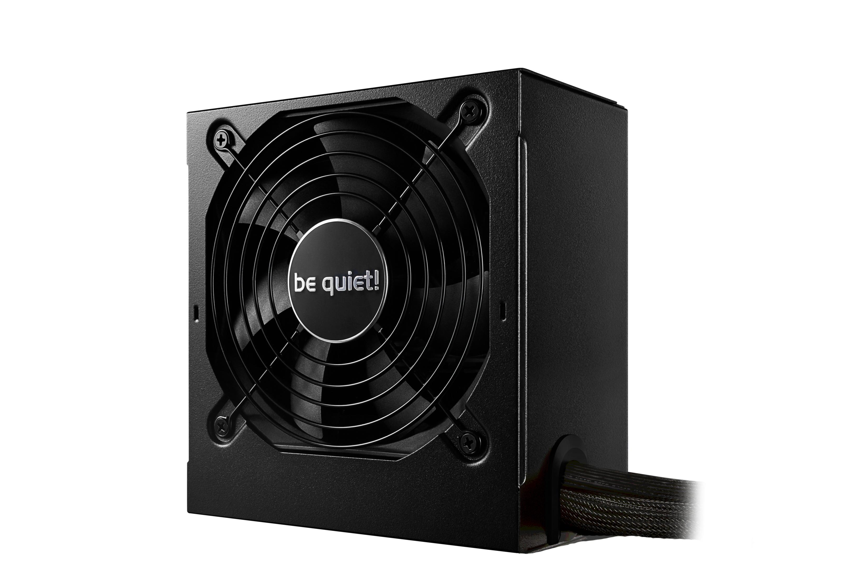 Alimentatore nero con ventola e cavi, logo "be quiet!".