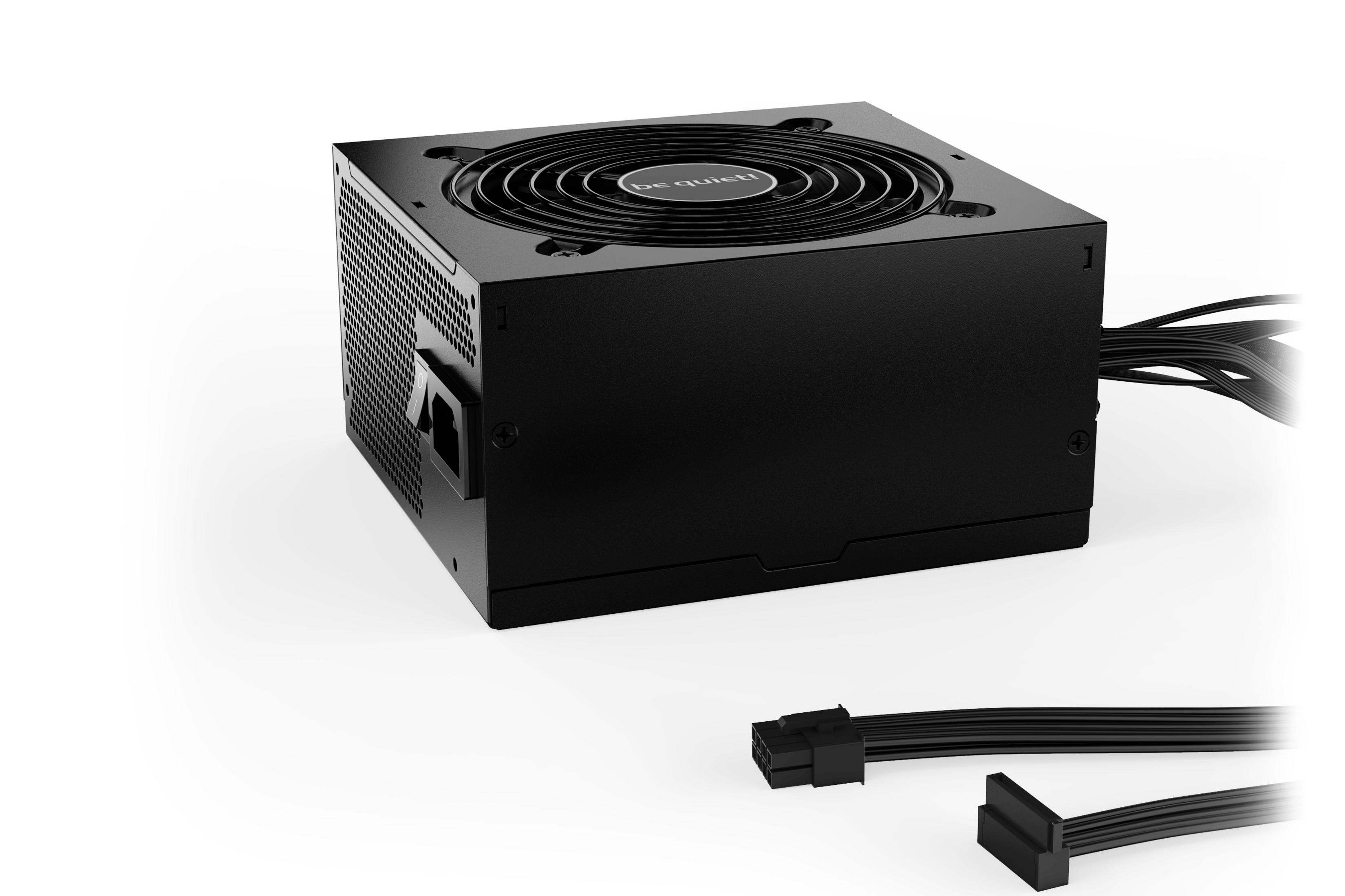Alimentatore PC nero con ventola e cavi.