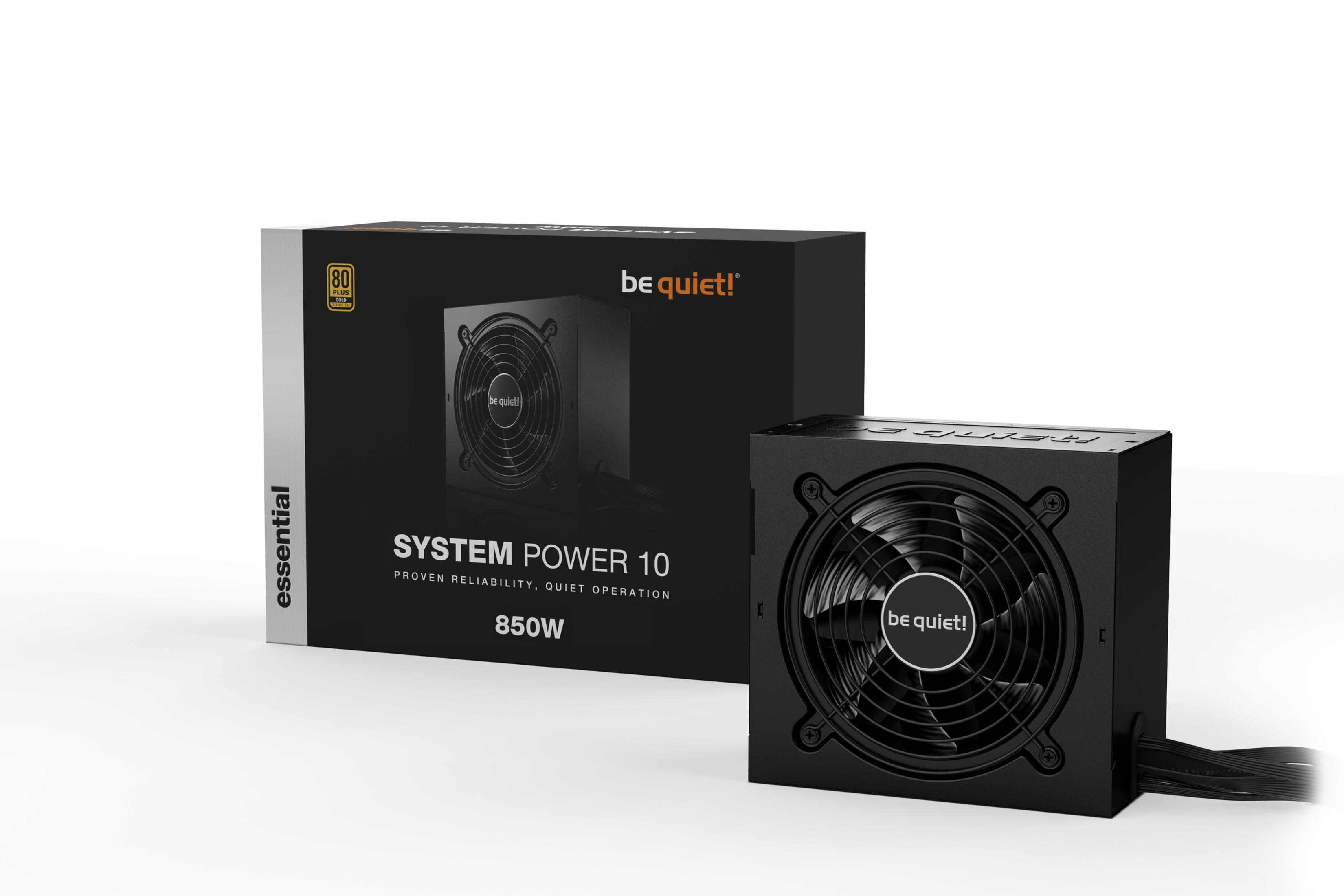 Un alimentatore be quiet! 850W nero e la sua confezione. Certificato 80 PLUS GOLD.