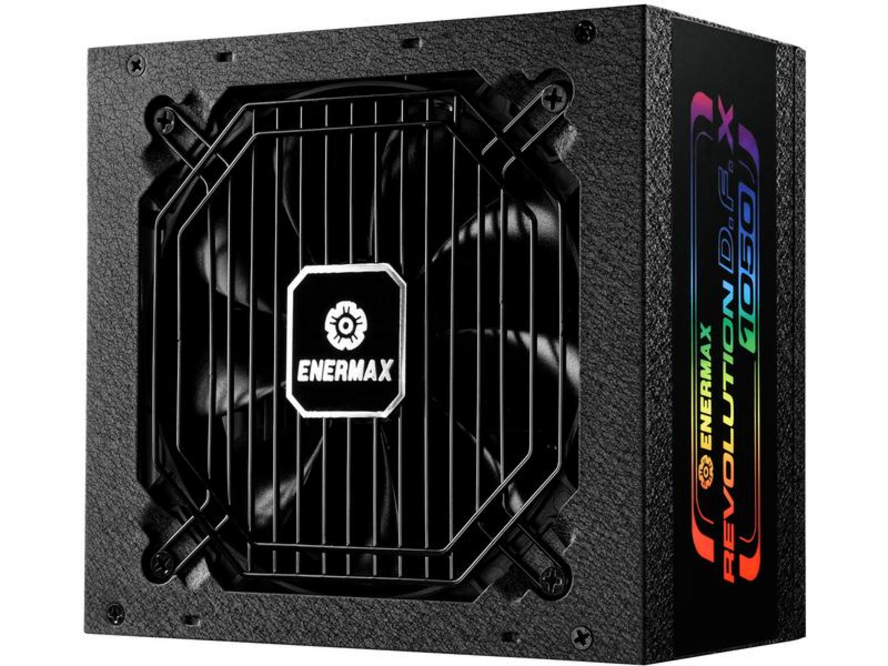 Alimentatore PC nero con ventola e logo illuminato.