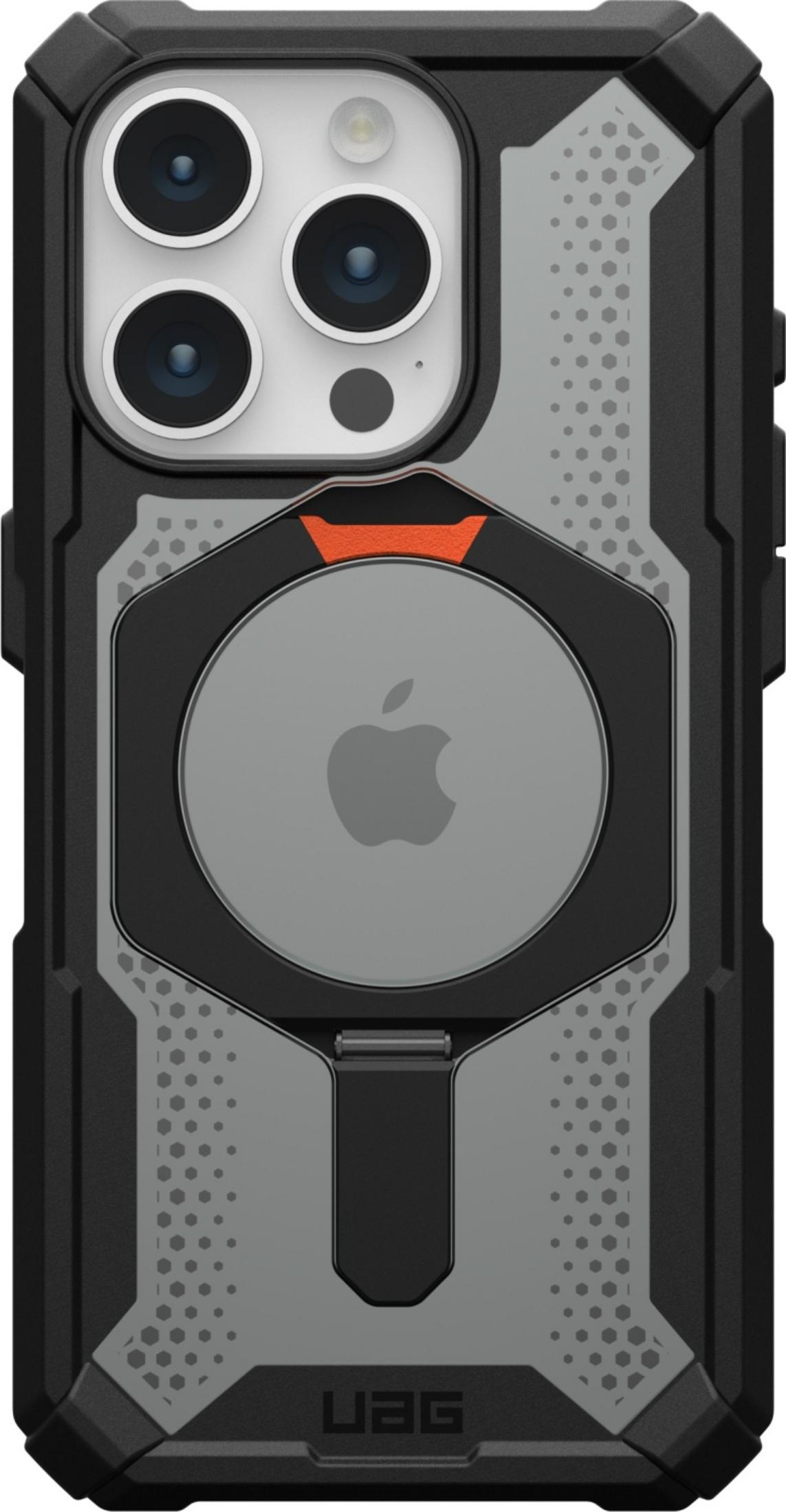 Schwarze Hülle mit Apple-Logo in der Mitte, Kameras oben, UAG-Logo unten.