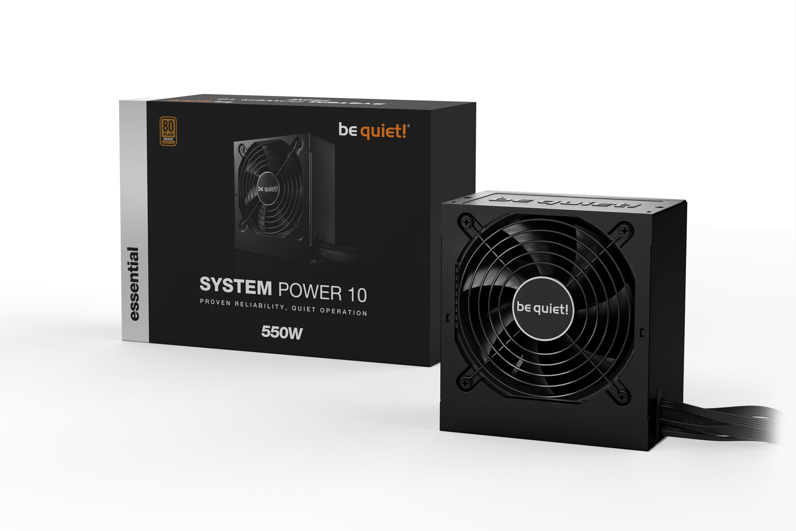 Un alimentatore be quiet! System Power 10 da 550W nero e la sua scatola su sfondo bianco.