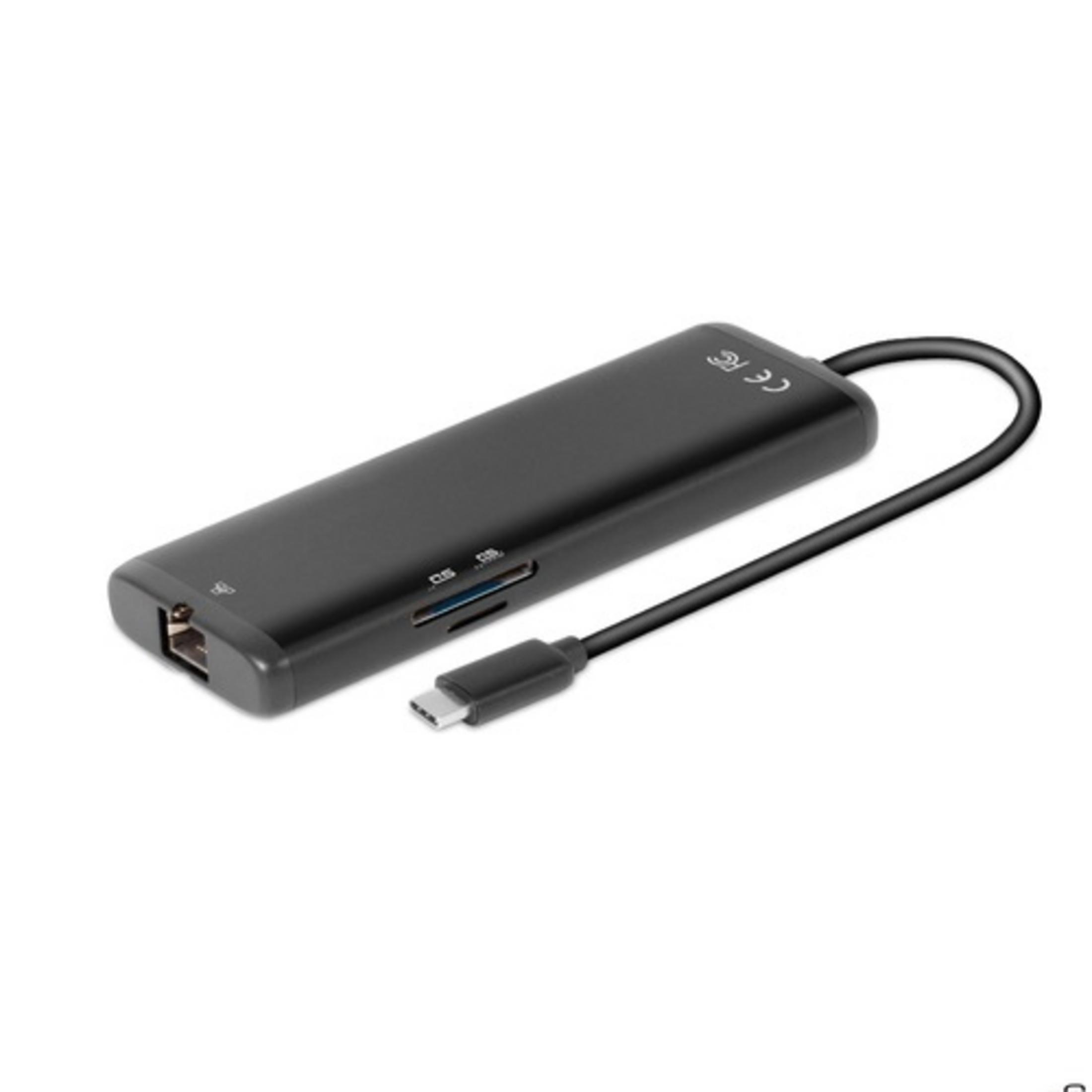 Hub USB-C nero con slot per schede SD e Micro SD e una porta USB-A.