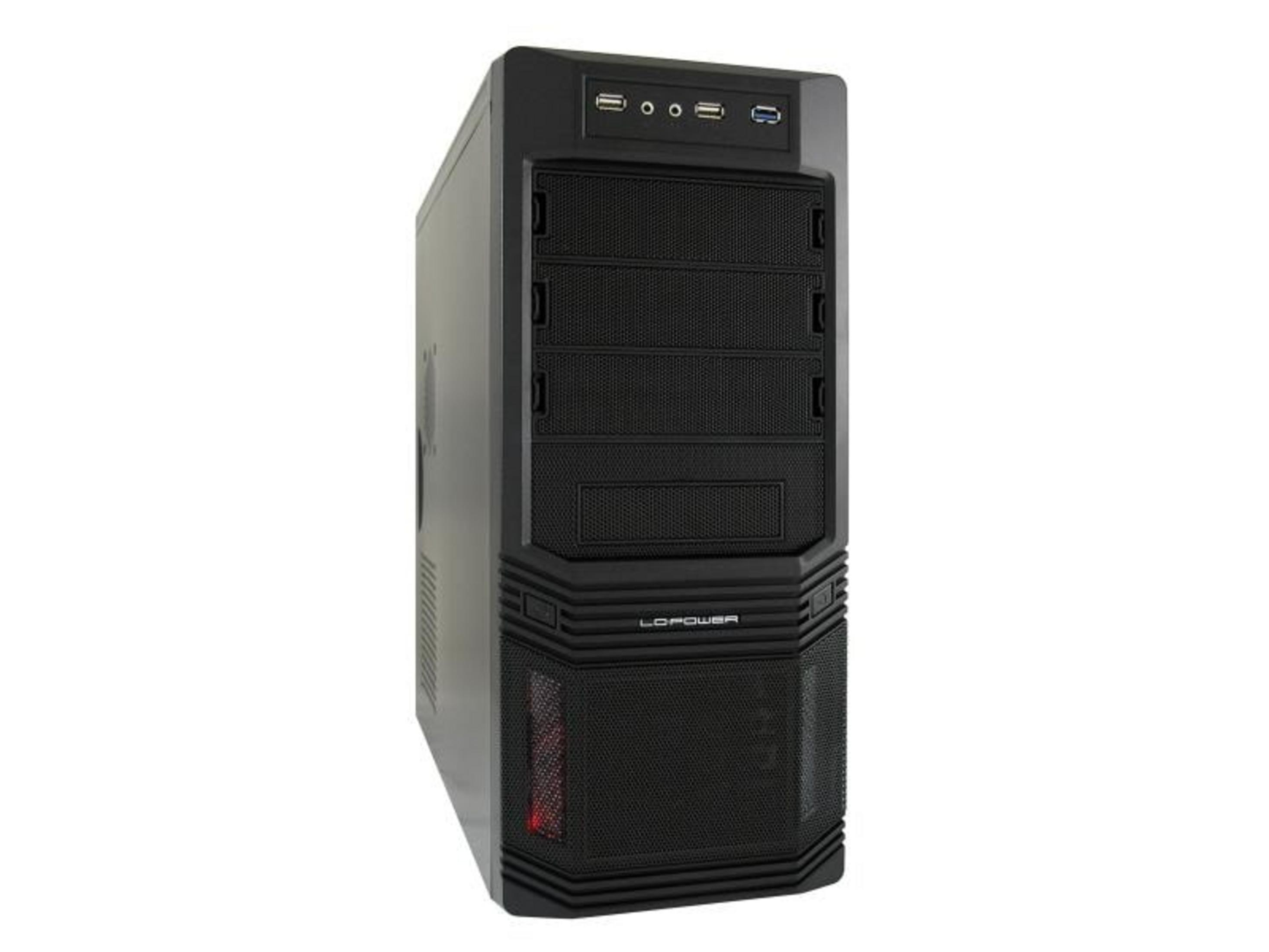Un case PC tower nero con porte USB e griglie di ventilazione.