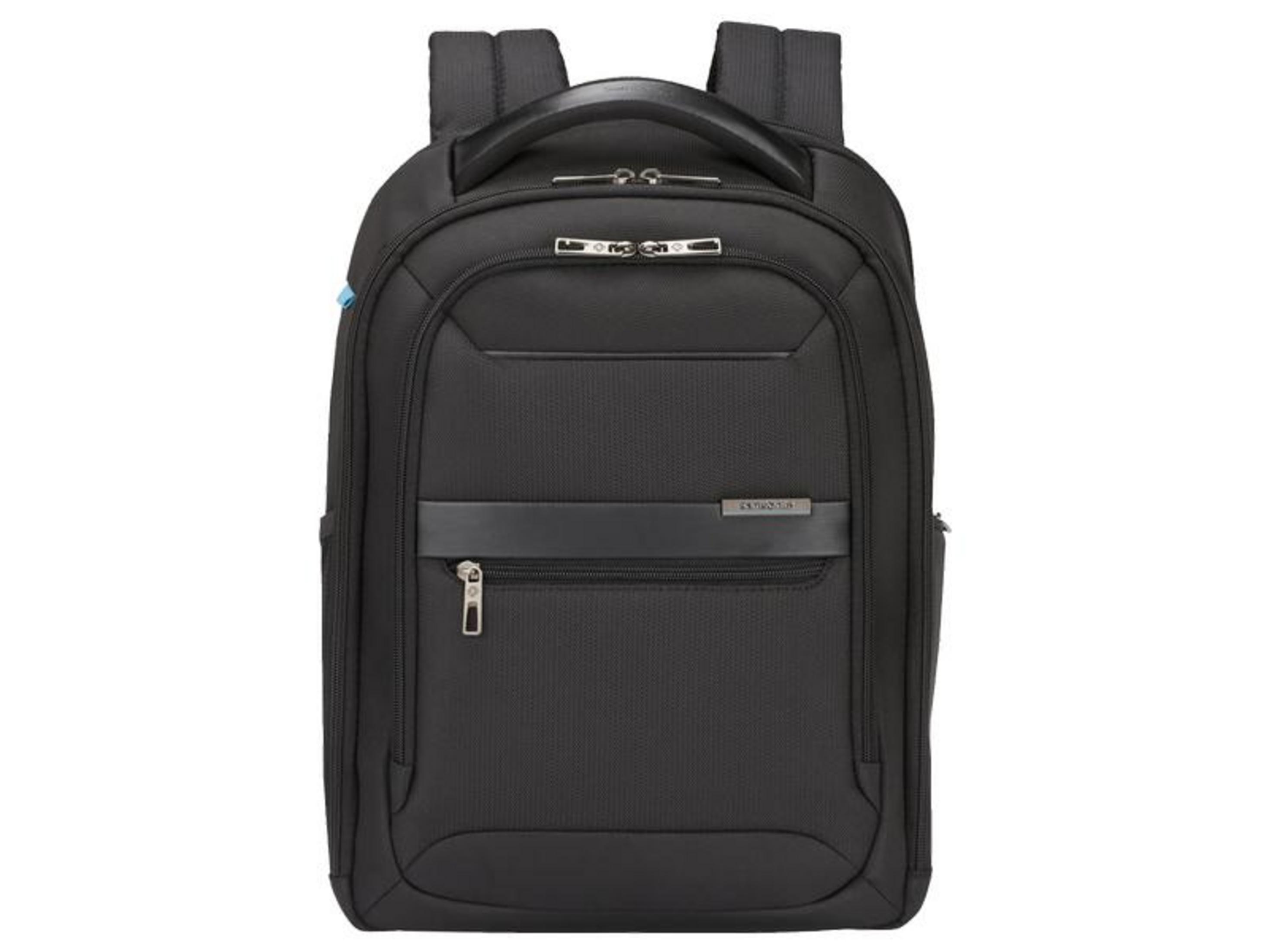 Mochila negra con correas acolchadas y múltiples compartimentos con cremallera.