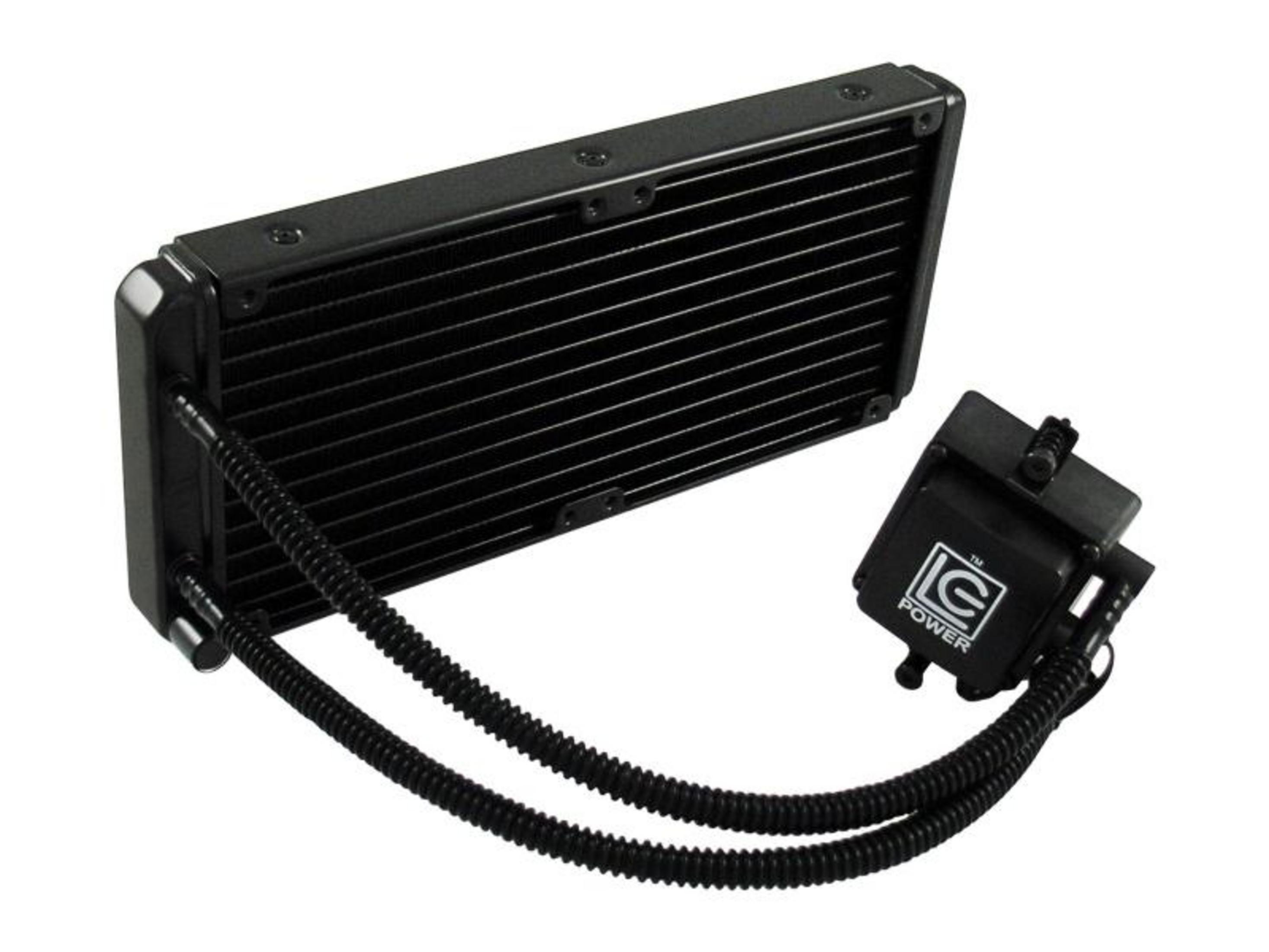 Radiatore nero per raffreddamento a liquido del computer con pompa e tubi.