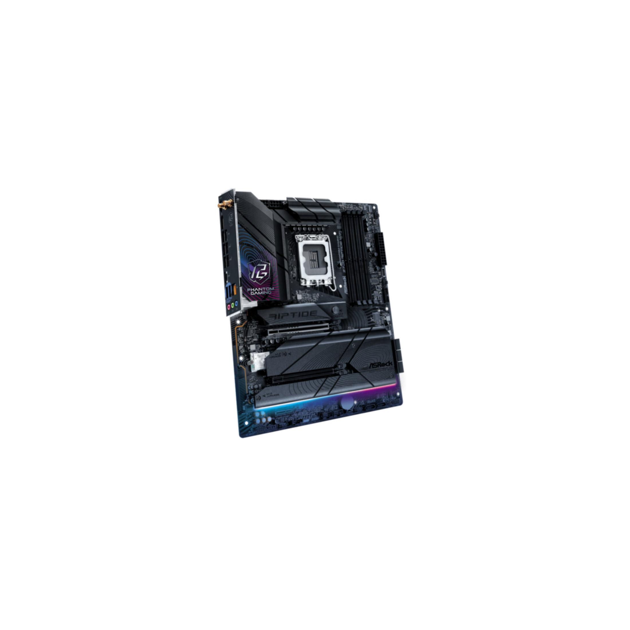 Scheda madre nera con illuminazione RGB e marchio "Phantom Gaming".