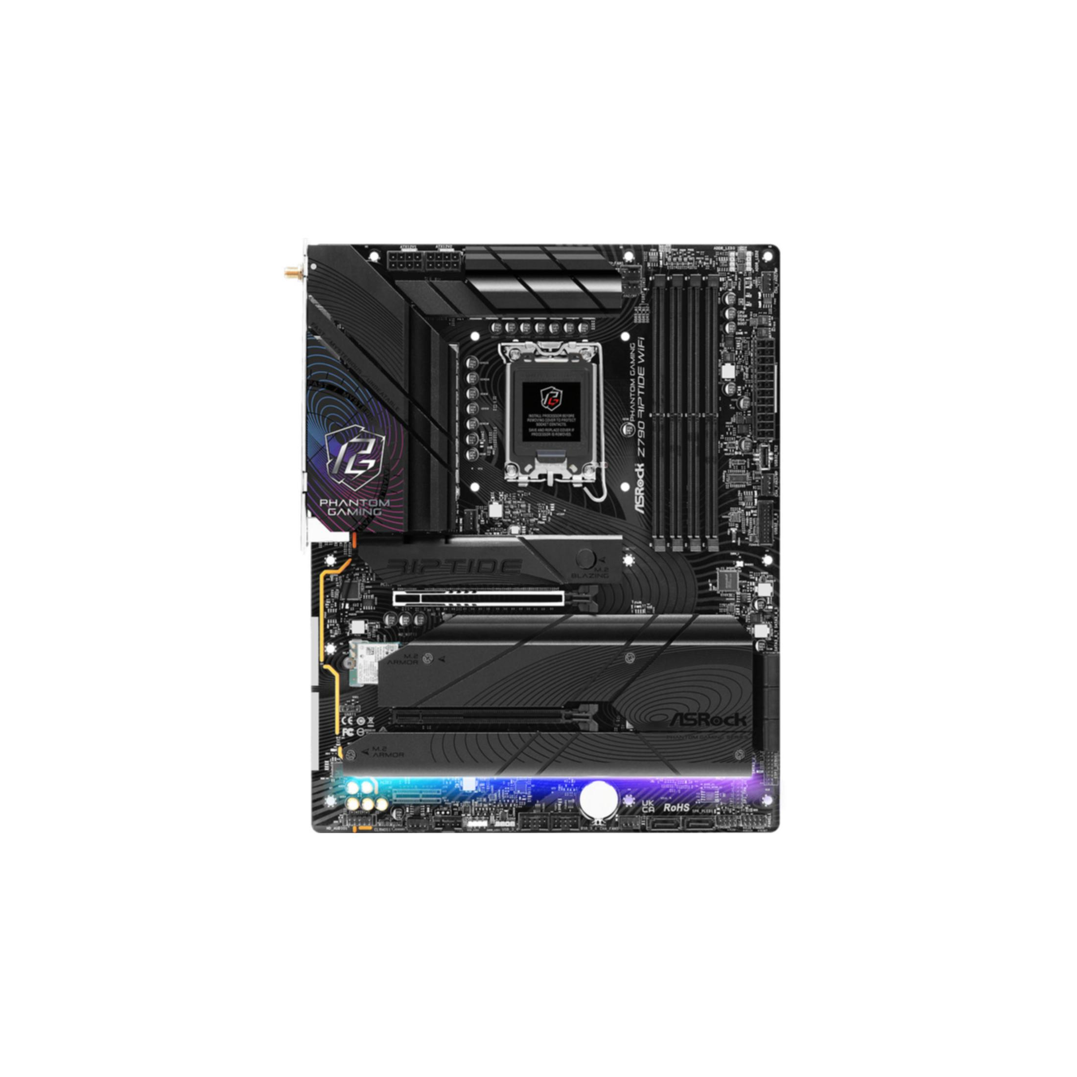 Una scheda madre ASRock Z790 RIPTIDE WIFI nera con illuminazione RGB in basso.