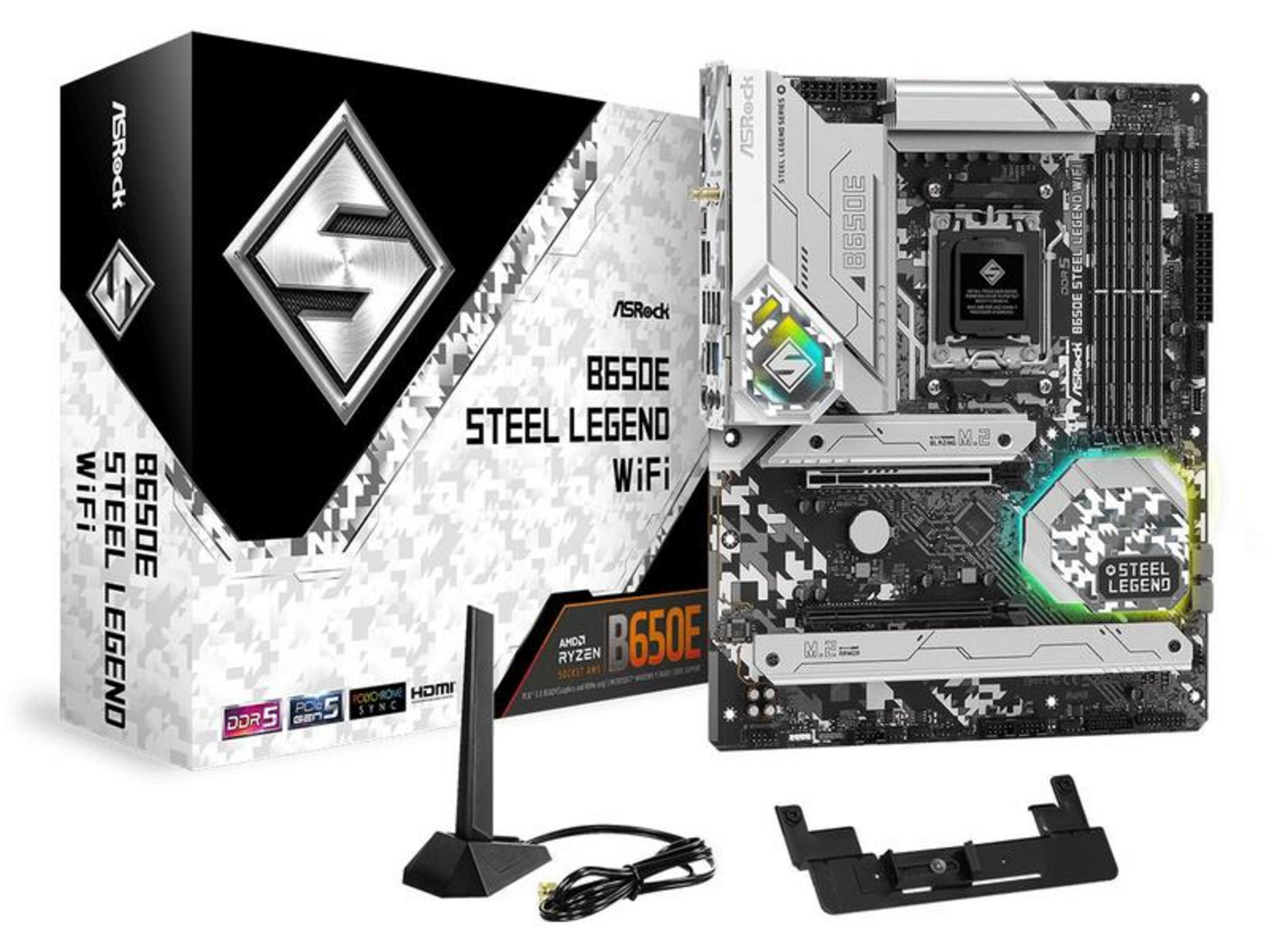 Scheda madre ASRock B650E Steel Legend WiFi con scatola, antenna e staffa.
