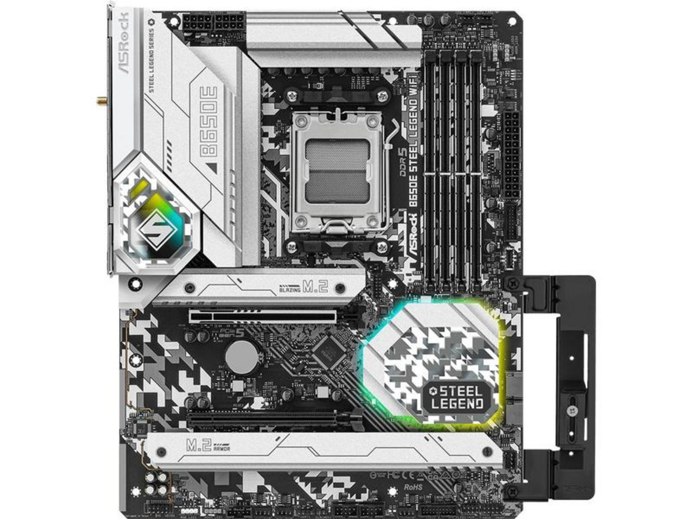 Scheda madre ASRock B650E Steel Legend WiFi con socket CPU, slot RAM e illuminazione RGB.