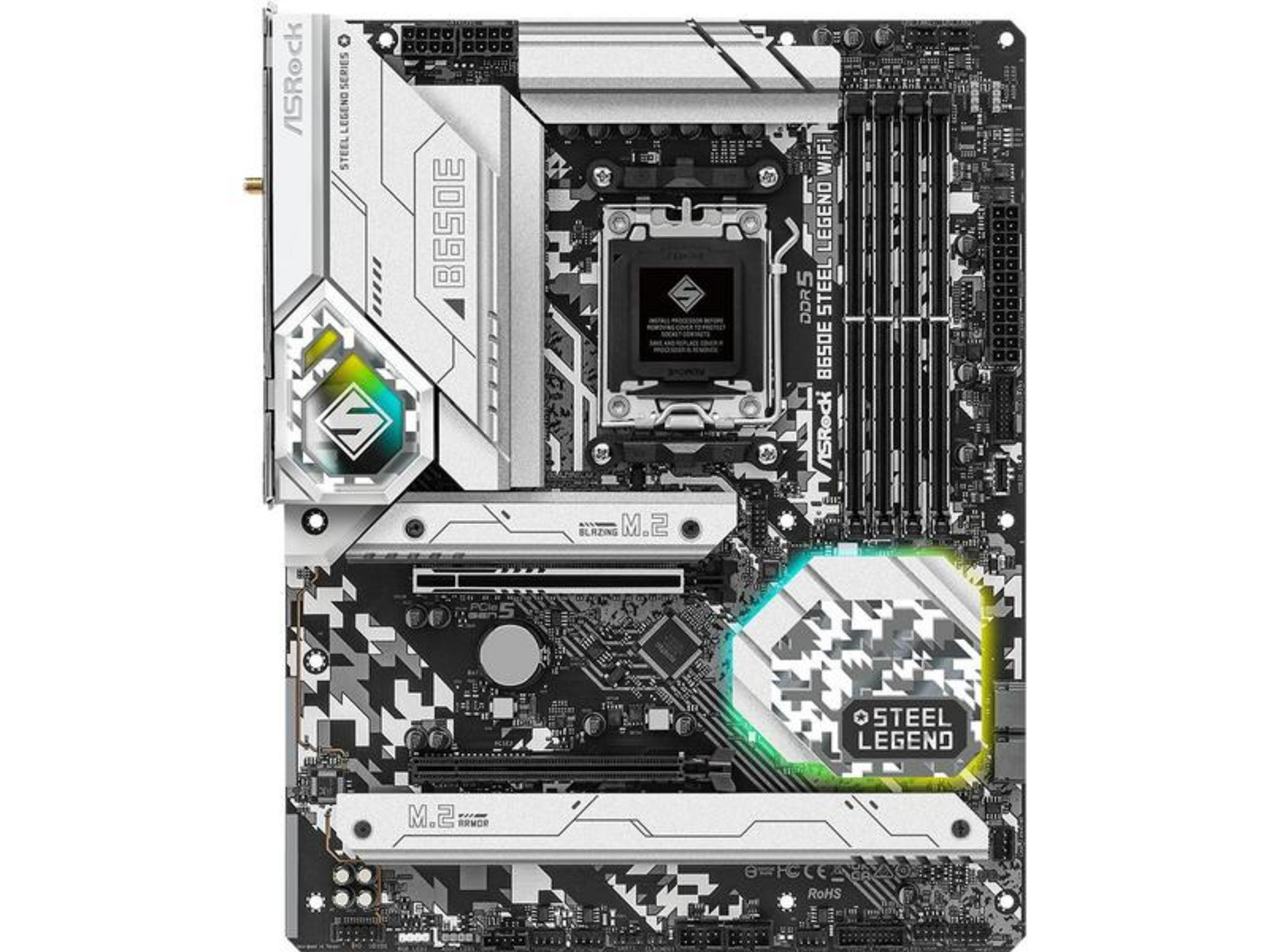 Scheda madre ASRock B650E Steel Legend WiFi con socket CPU, slot RAM e dissipatori.