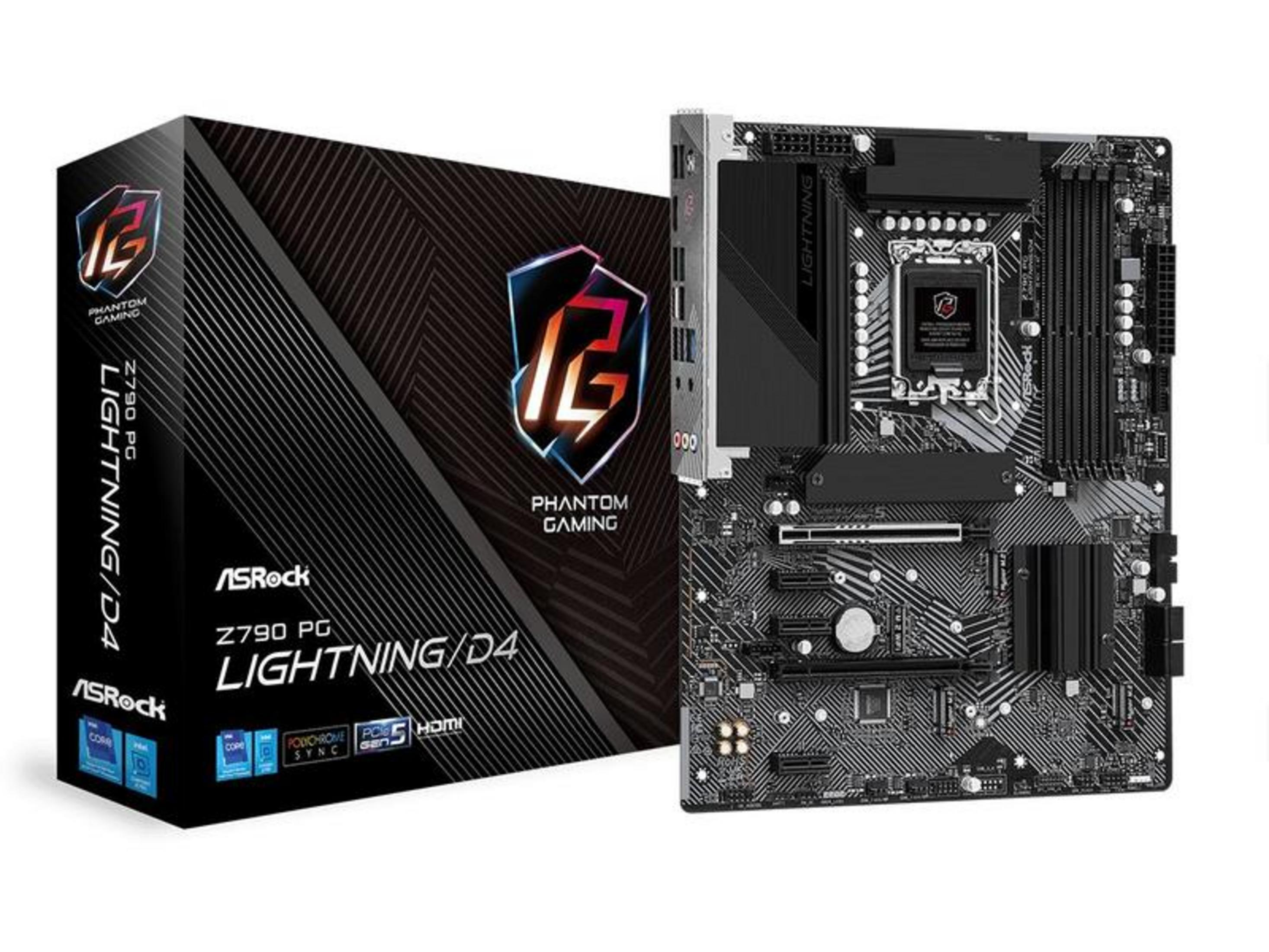 Scheda madre e scatola ASRock Z790 PG Lightning/D4, nera con motivo grigio.