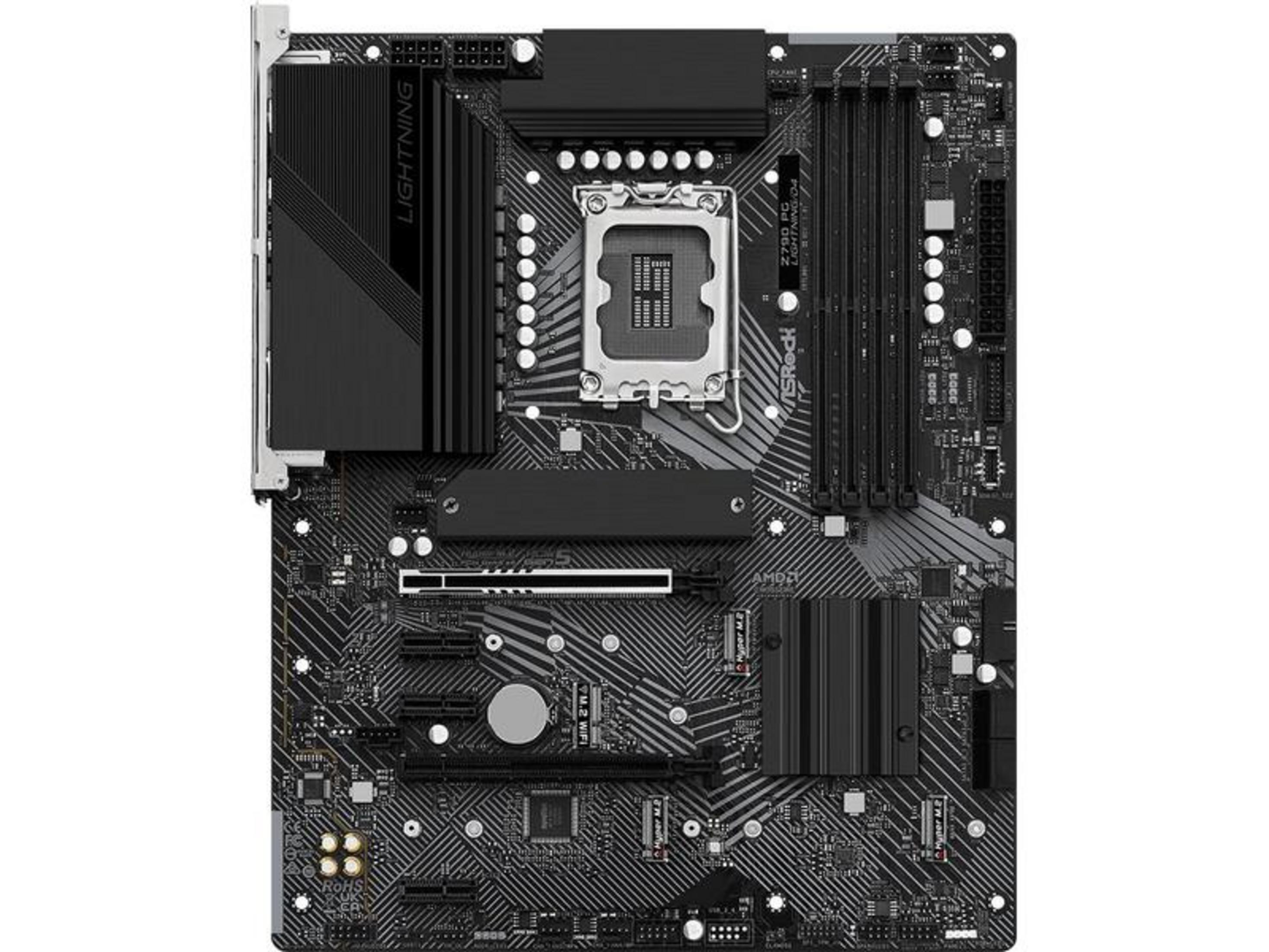 Scheda madre nera con socket CPU, slot RAM, dissipatori e connettori.