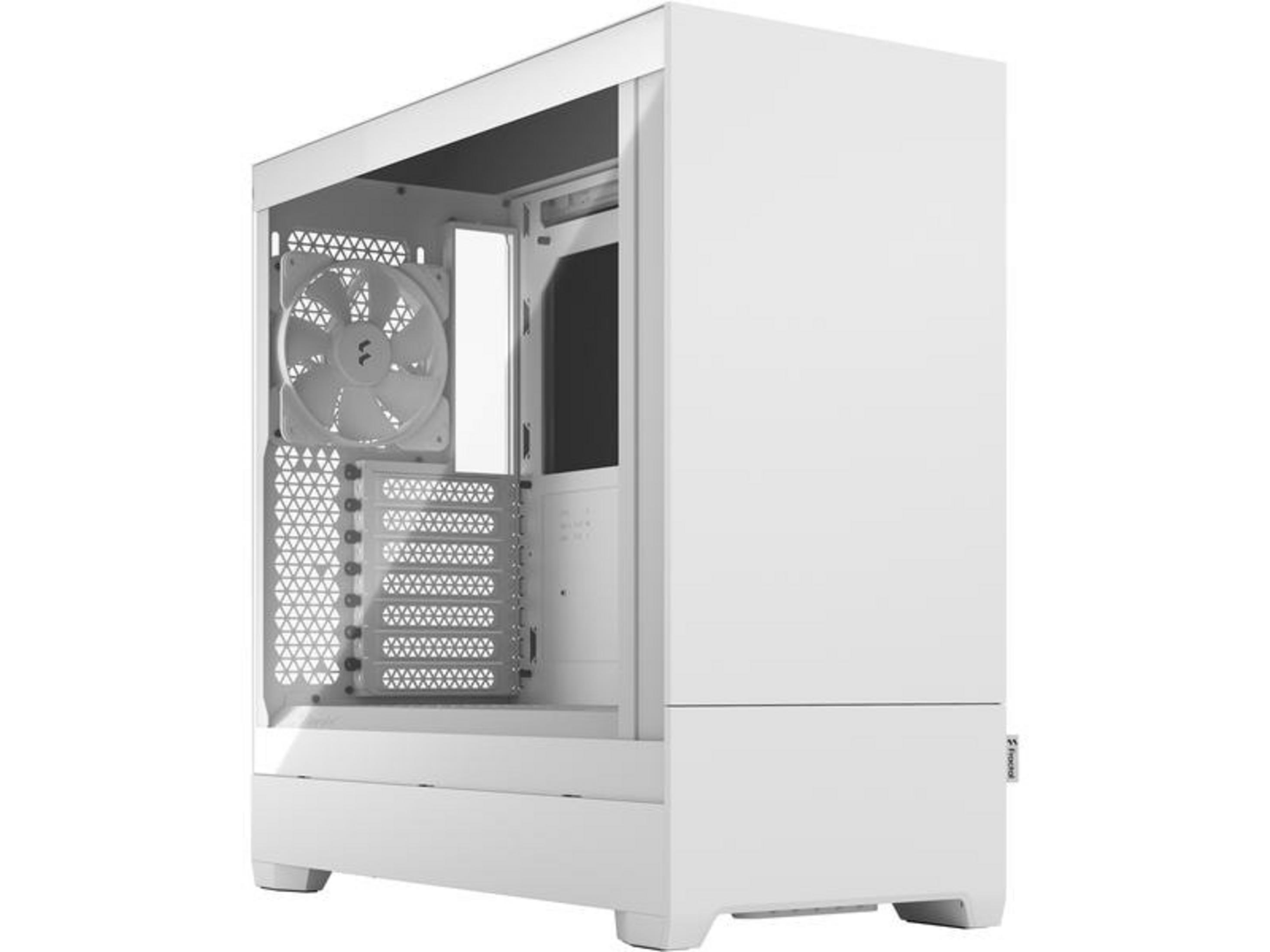 Un case per computer bianco con ventola e design a rete.