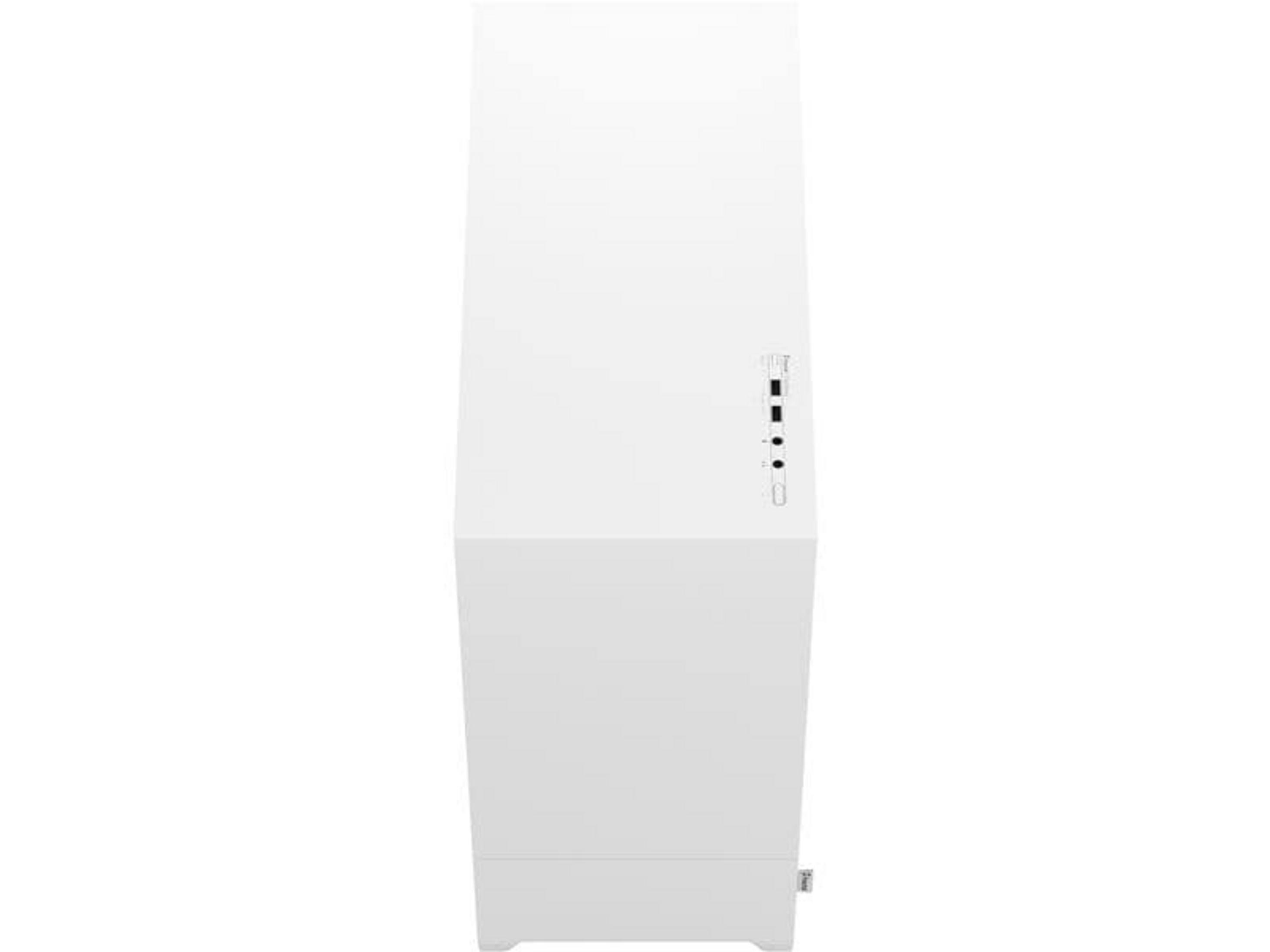 Un case bianco e sottile per computer con porte sul lato.
