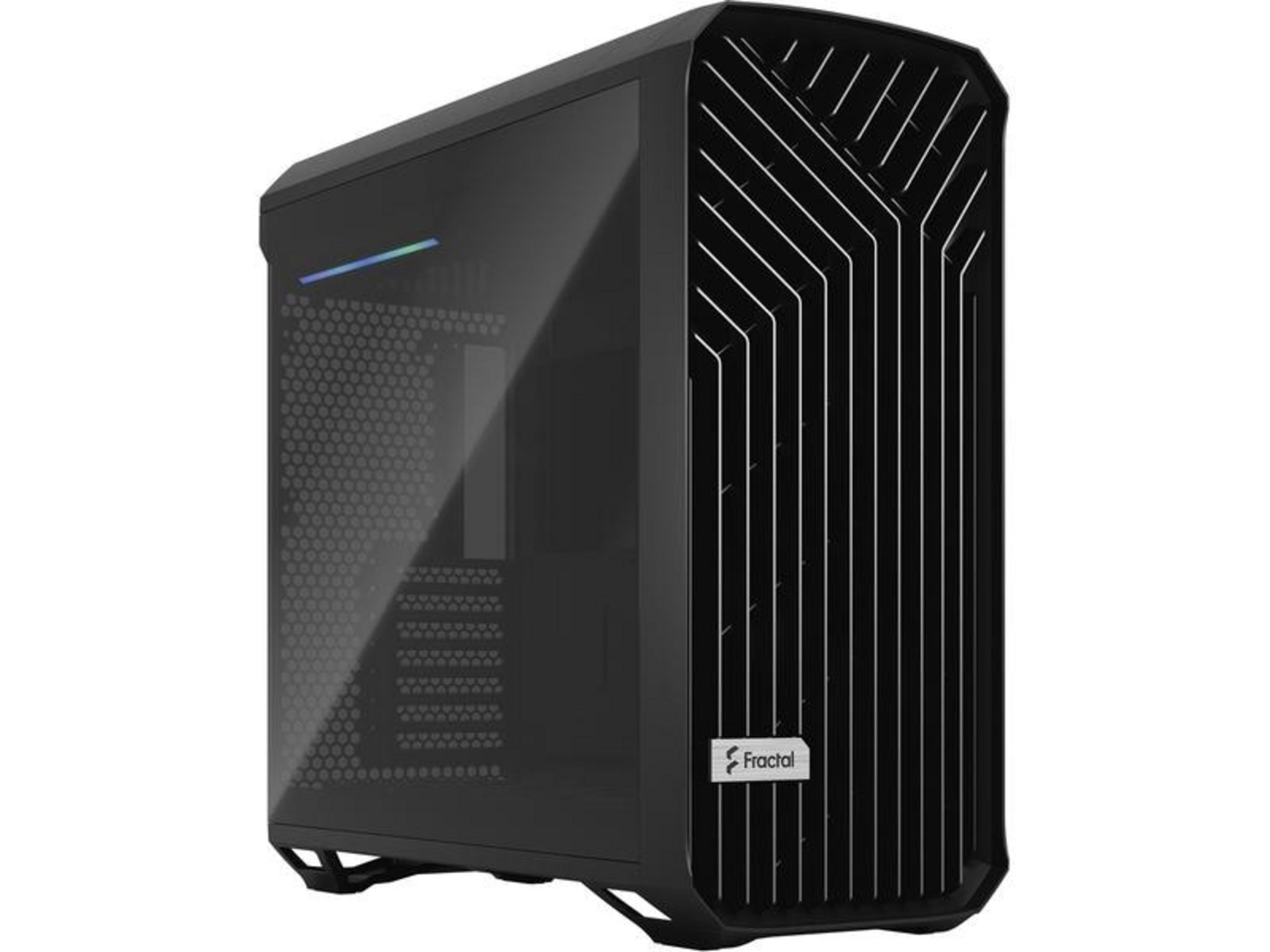Case PC nero con pannello laterale in vetro e fessure di ventilazione verticali.
